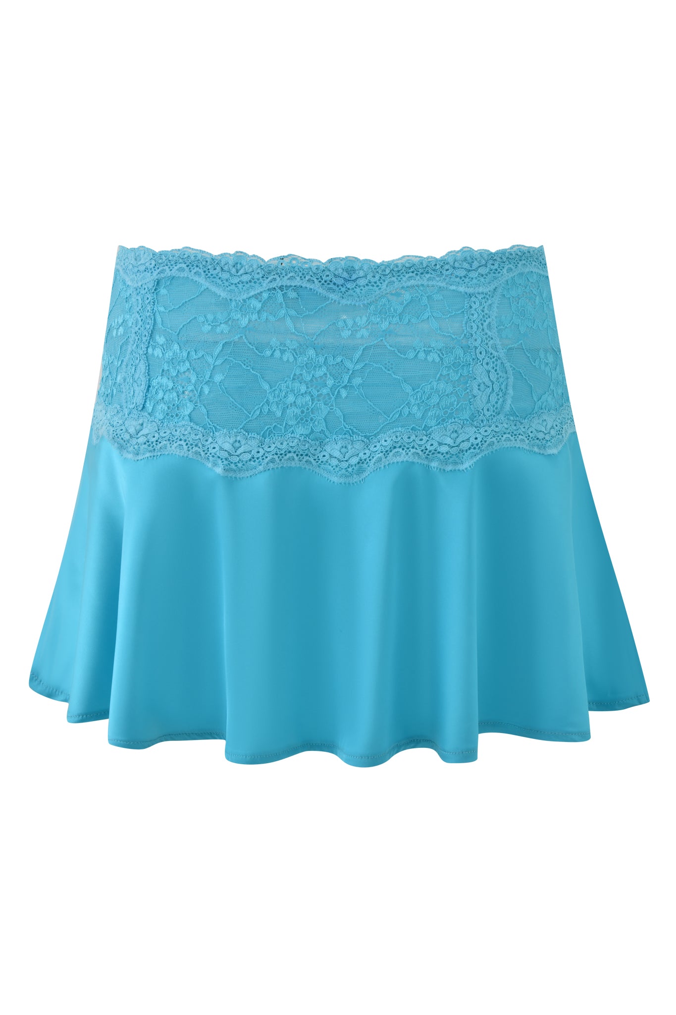 The ASHLING MINI SKIRT - TEAL by I.AM.GIA is a flouncy A-line mini skirt featuring delicate lace at the waist and a flowy hem in a striking teal shade.