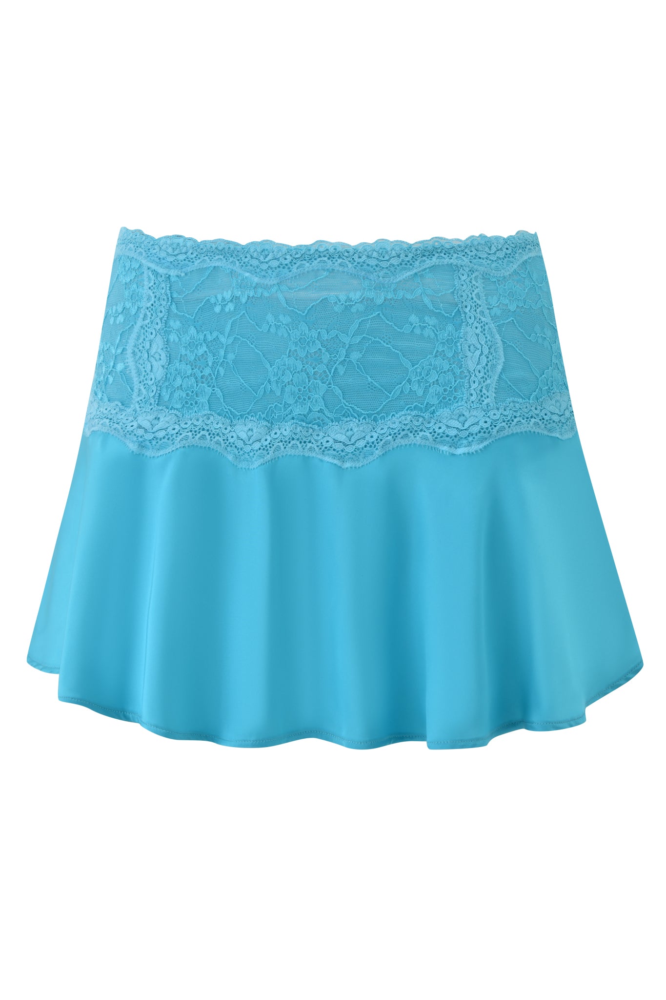 The ASHLING MINI SKIRT - TEAL by I.AM.GIA is a bright teal blue satin A-line mini skirt with a wide lace waistband and flared hem, shown against a white background.