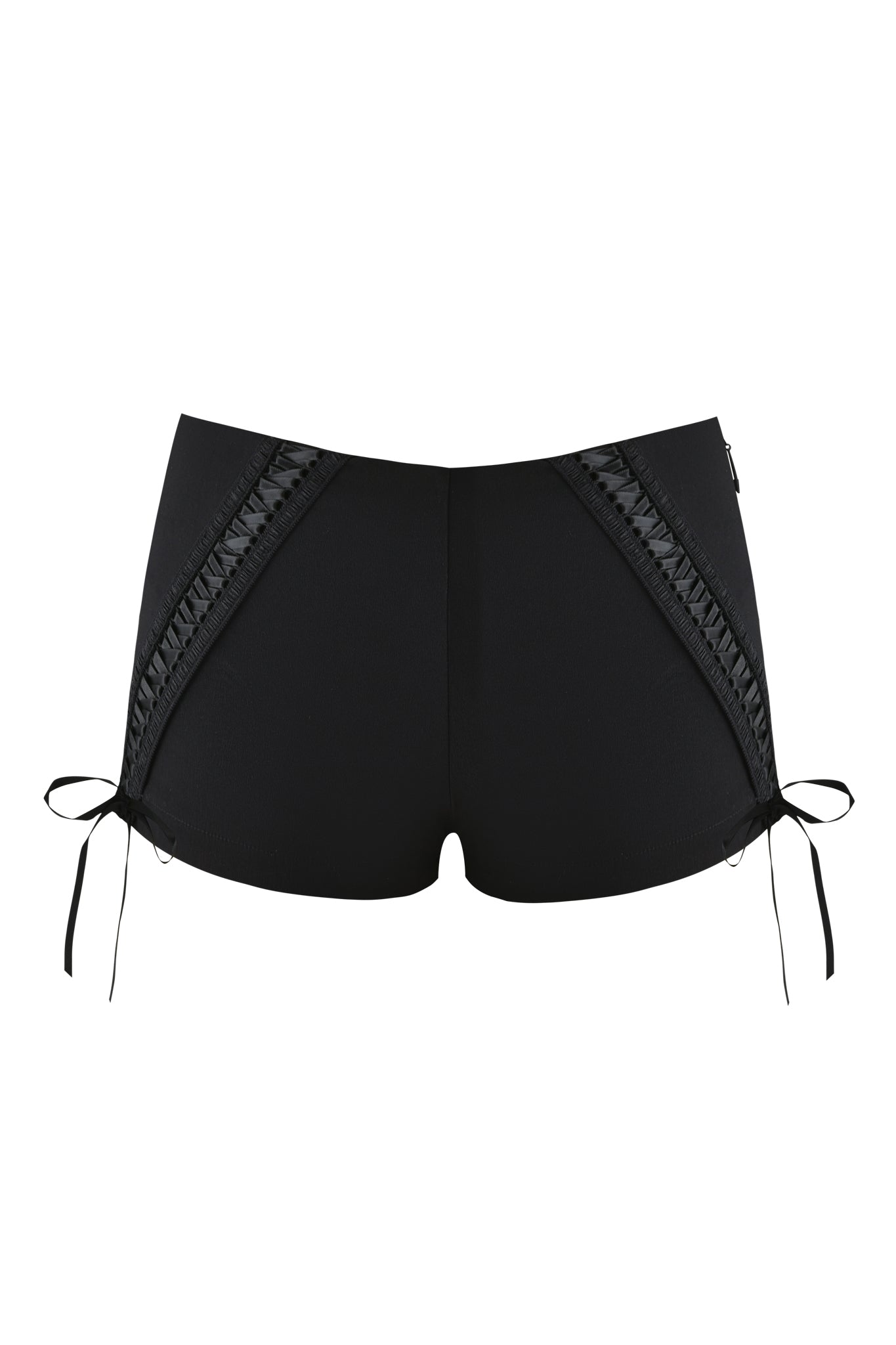 The SAMIRA SHORT - BLACK by I.AM.GIA features a lace-up front, ribbon bows on each side, diagonal decorative stitching, a bodycon fit, and a micro mini length for a bold and stylish look.