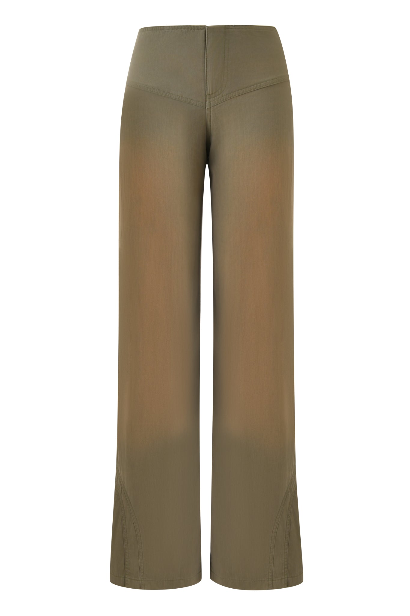 The SEQUOIA PANT by I.AM.GIA in army green features a high-waisted, wide-leg design with subtle seam details and a smooth finish, inspired by classic cotton cargo pants and shown against a white background.