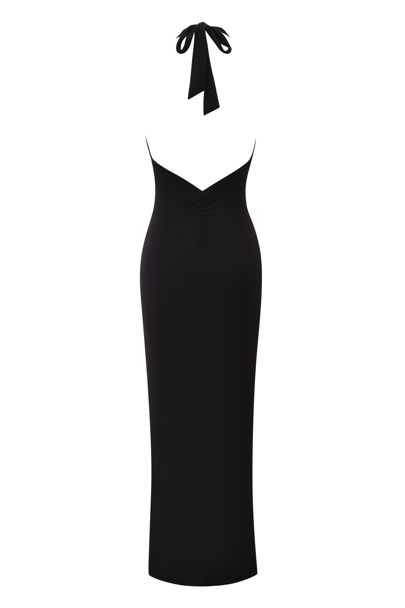 The ZIVA PLUNGE TIE MAXI DRESS by I.AM.GIA is a black, sleeveless, form-fitting maxi dress with a plunging V-neckline, bow tie at the neck, open back, and a sleek calf-length silhouette.