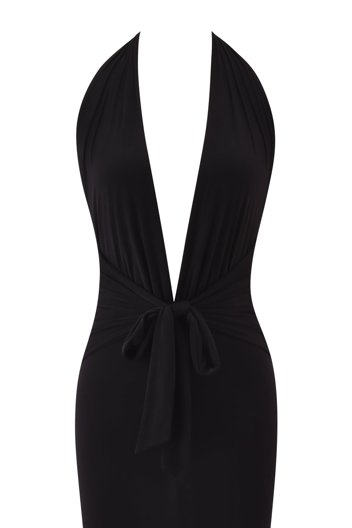 The ZIVA PLUNGE TIE MAXI DRESS by I.AM.GIA is a black, sleeveless maxi dress with a deep V neckline, wide sash at the waist, fitted silhouette, elegant fabric, and open back for an eye-catching evening look.