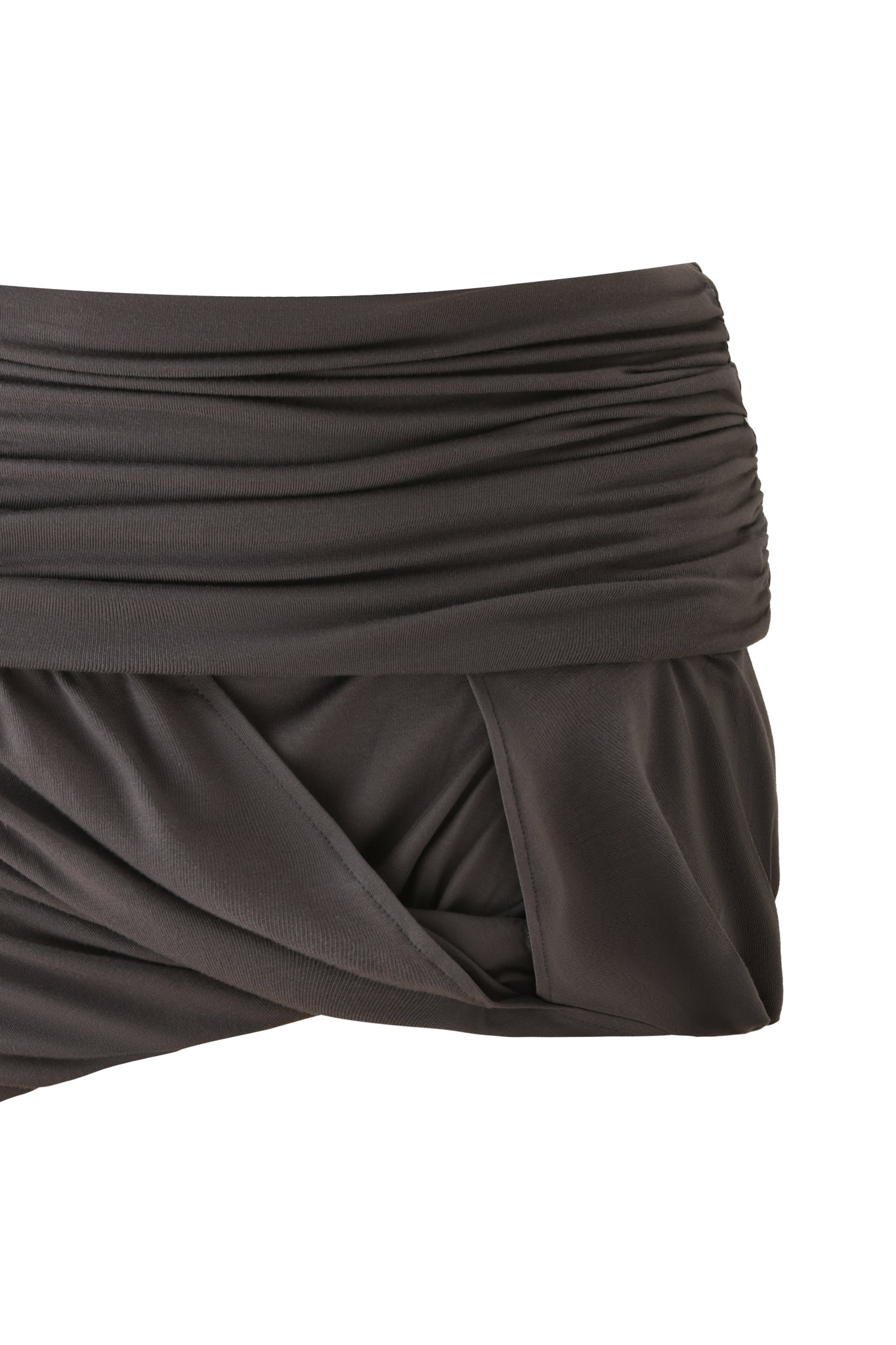 The KOVU MINI SKIRT by I.AM.GIA in charcoal grey features a ruched, high-waisted design with gathered fabric and a layered, overlapping silhouette reminiscent of a draped bubble skirt, photographed against a white background.