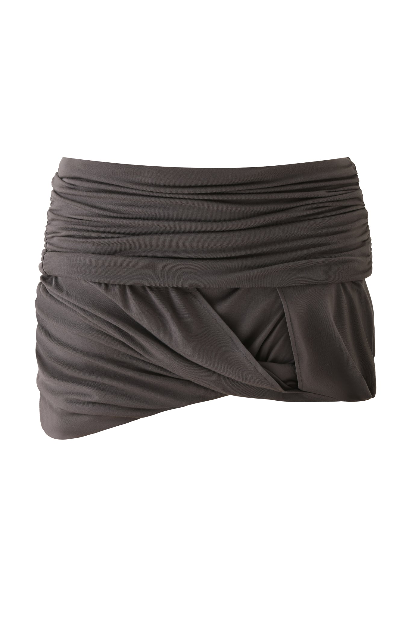 The KOVU MINI SKIRT by I.AM.GIA in charcoal grey features ruched, draped jersey fabric crossed at the front for a wrapped look, with a gathered waistband and bubble-inspired silhouette.