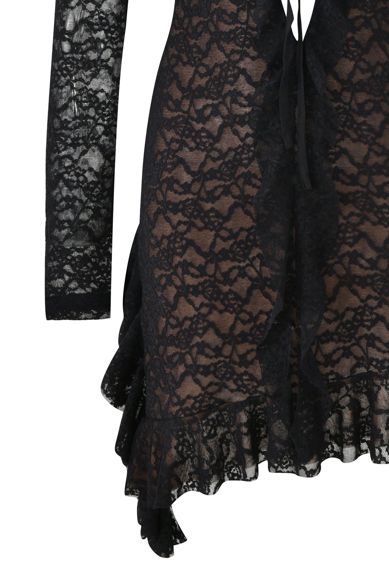Close-up of the I.AM.GIA CLARISSE MINI DRESS in black, featuring long sleeves, a ruffled hem, and a sheer floral lace overlay on nude lining.