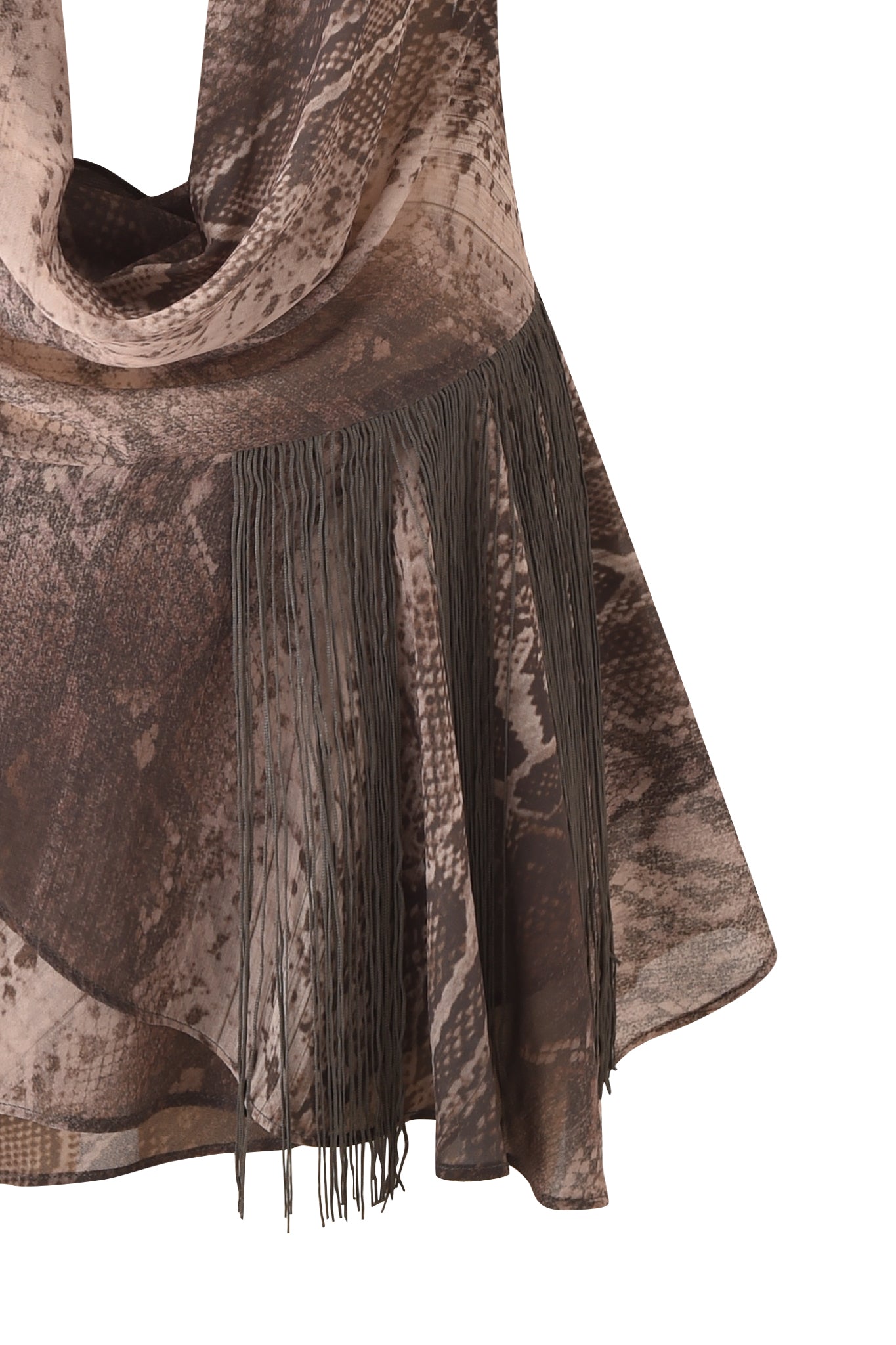 The ROSANNA SLEEVELESS COWL MINI DRESS by I.AM.GIA features a brown and beige snake print, a draped cowl neckline, and long, thin tassel fringe detailing hanging vertically along the edge.