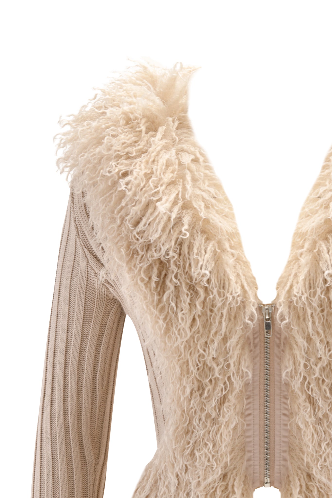 The I.AM.GIA CRESSIDA JACKET - TAN features ribbed knit sleeves, a zip-up front, and a fluffy curly faux fur collar and chest detail. Shown against a plain white background.