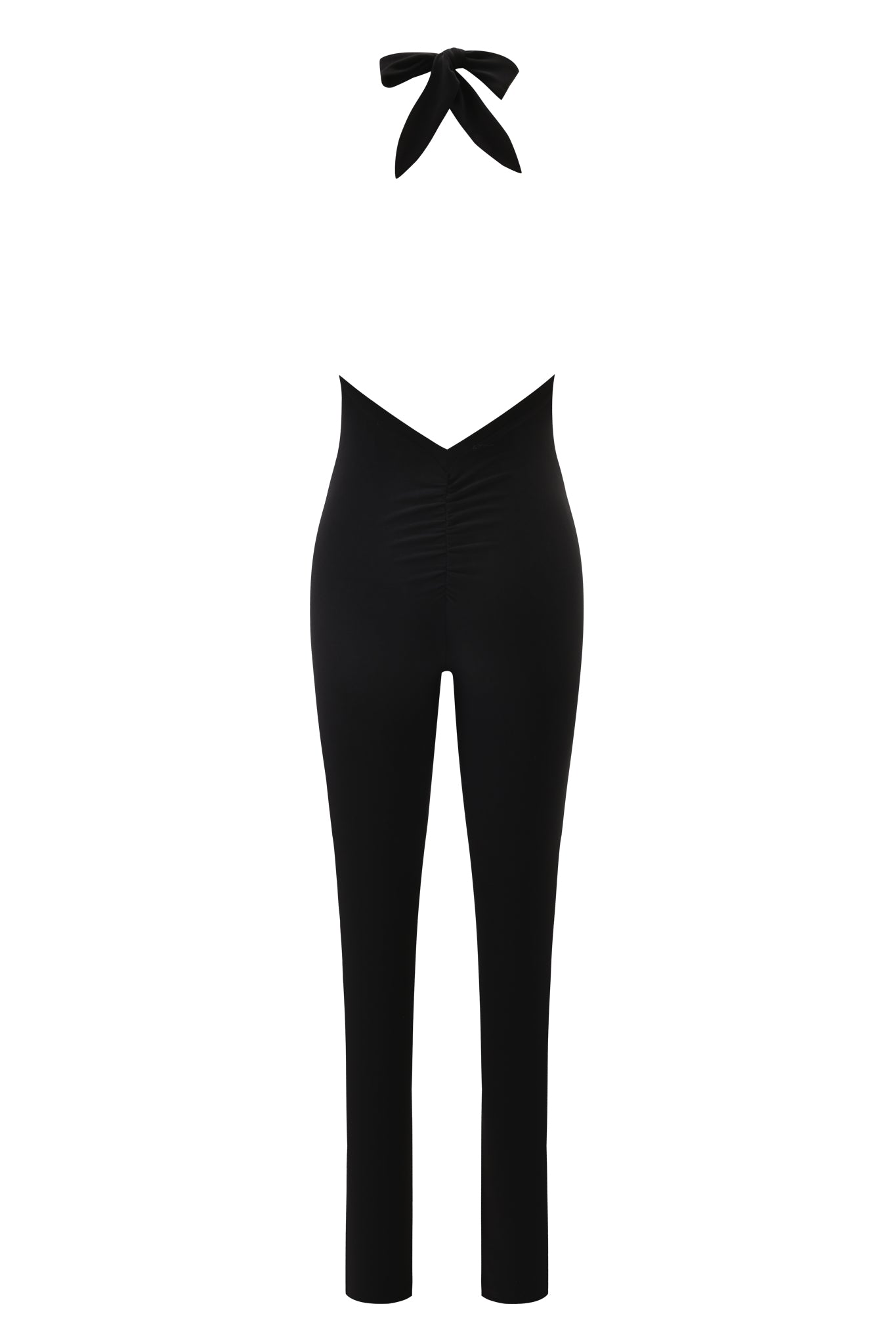 The NATALIA CATSUIT - BLACK by I.AM.GIA features a black halter-neck with a bow tie, bodycon fit, V-shaped high waistline, and fitted straight-leg pants, shown against a white background.