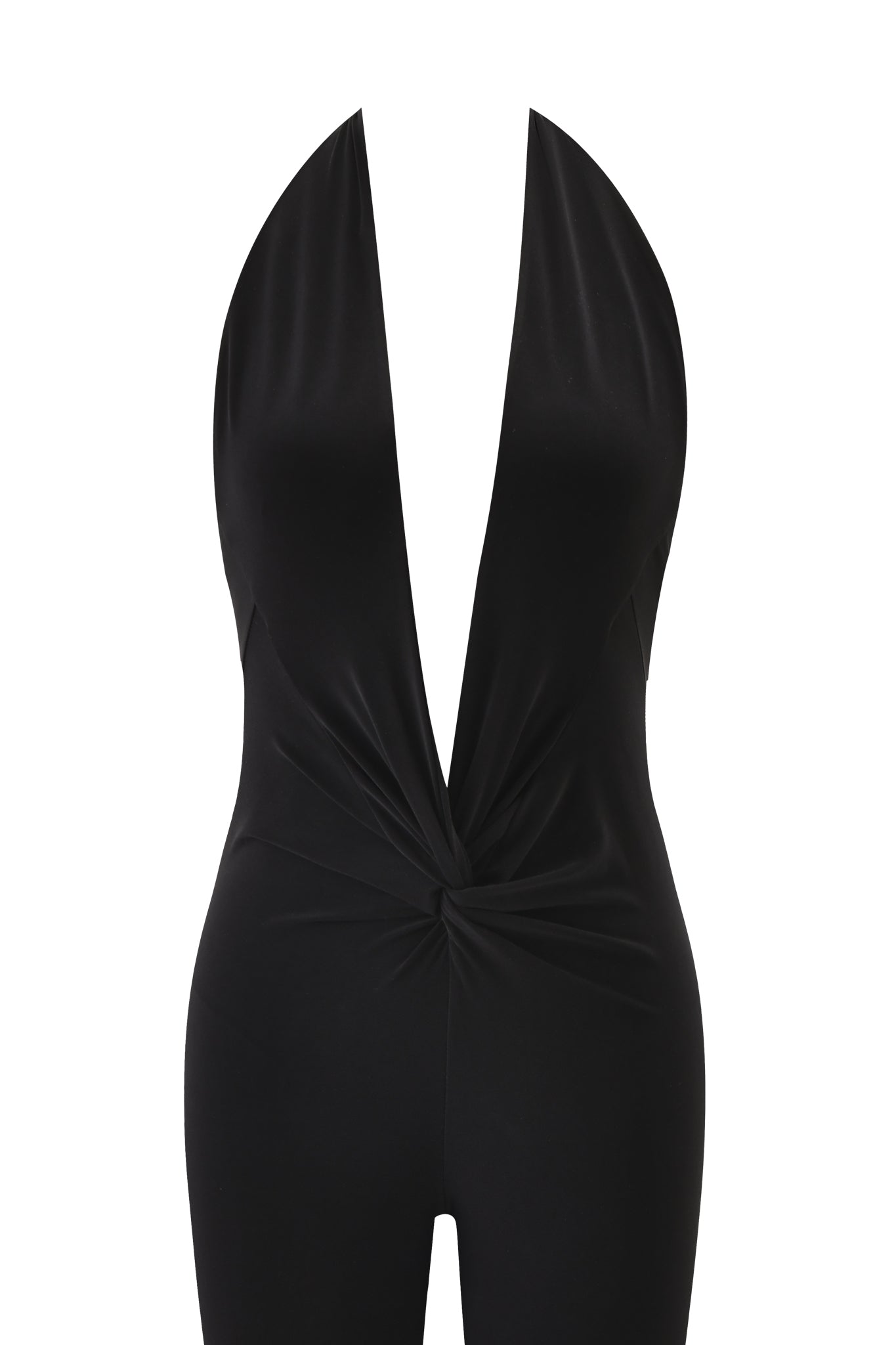 The NATALIA CATSUIT - BLACK by I.AM.GIA is a sleeveless, bodycon catsuit featuring a deep plunging V-neckline and a twist knot waist detail, shown against a white background.