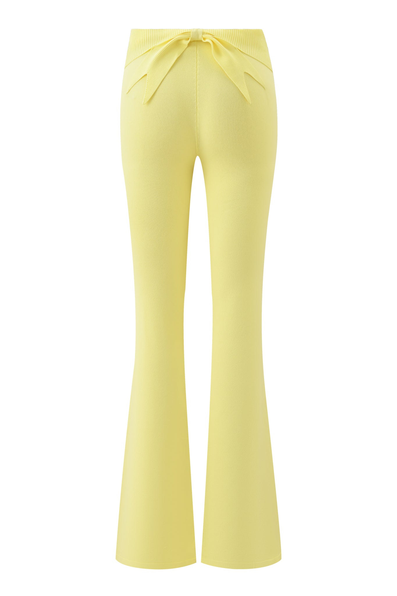 Back view of the I.AM.GIA MORGANA 2.0 PANT in Baby Yellow, a knit style with ribbed waistband, decorative back bow, and flared leg.