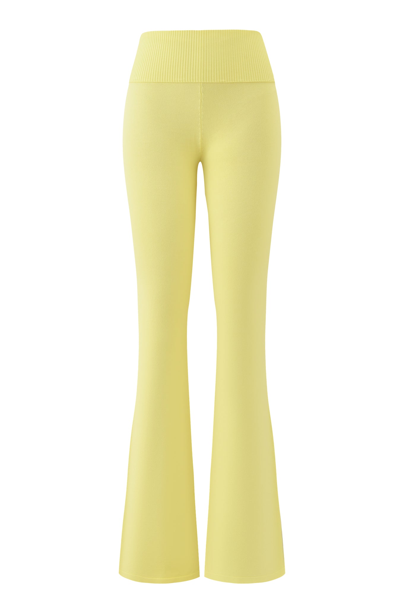 The I.AM.GIA MORGANA 2.0 Pant in Baby Yellow is a high-waisted, ribbed-knit pant with a fitted waist, flared leg, seamless finish, and bright pastel hue, shown here from the back.