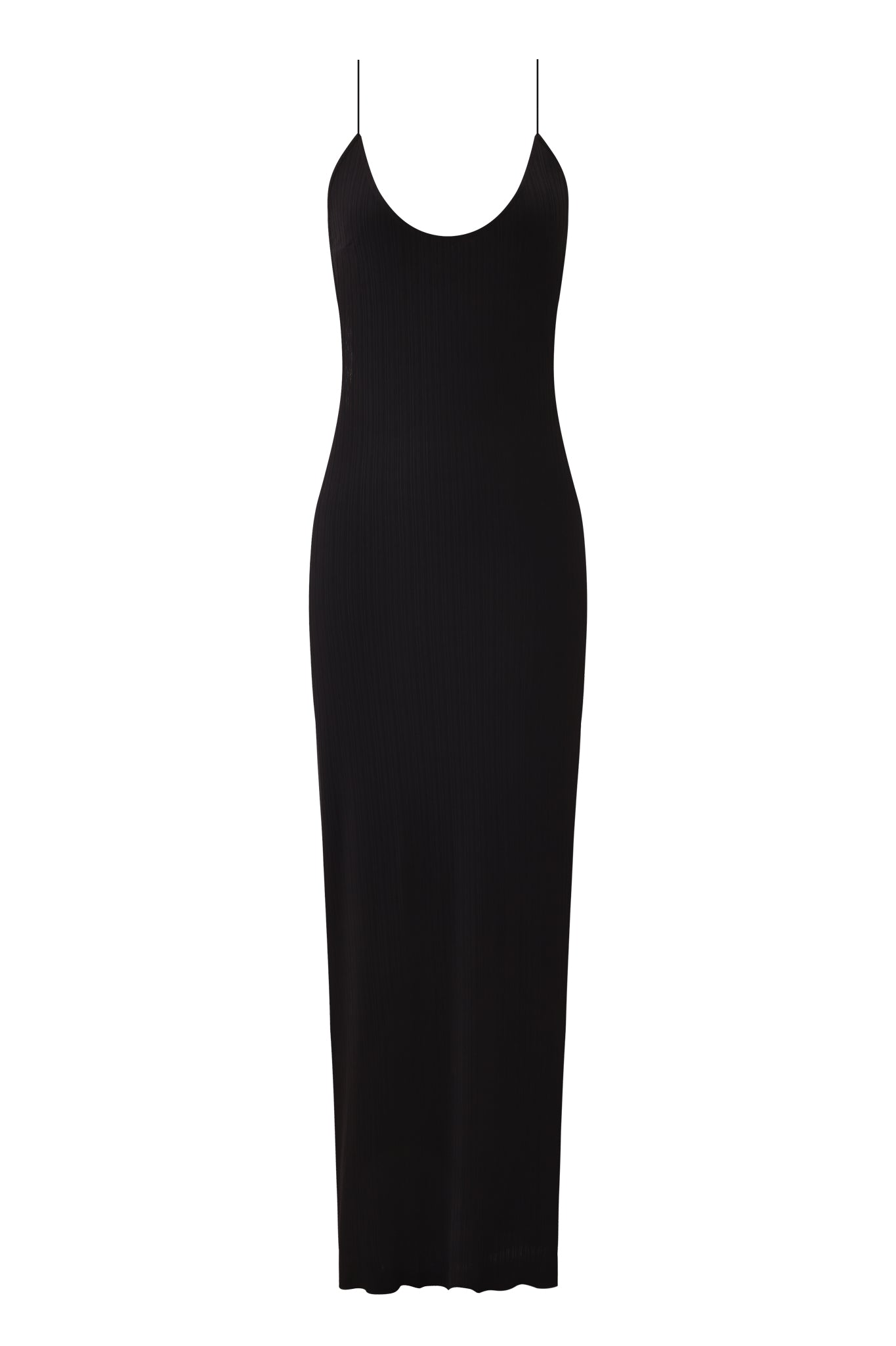 The SIMONE MAXI DRESS - BLACK by I.AM.GIA is a sleeveless, long black dress with thin spaghetti straps, a scoop neckline, and a subtle micro ribbed texture, shown on a white background.