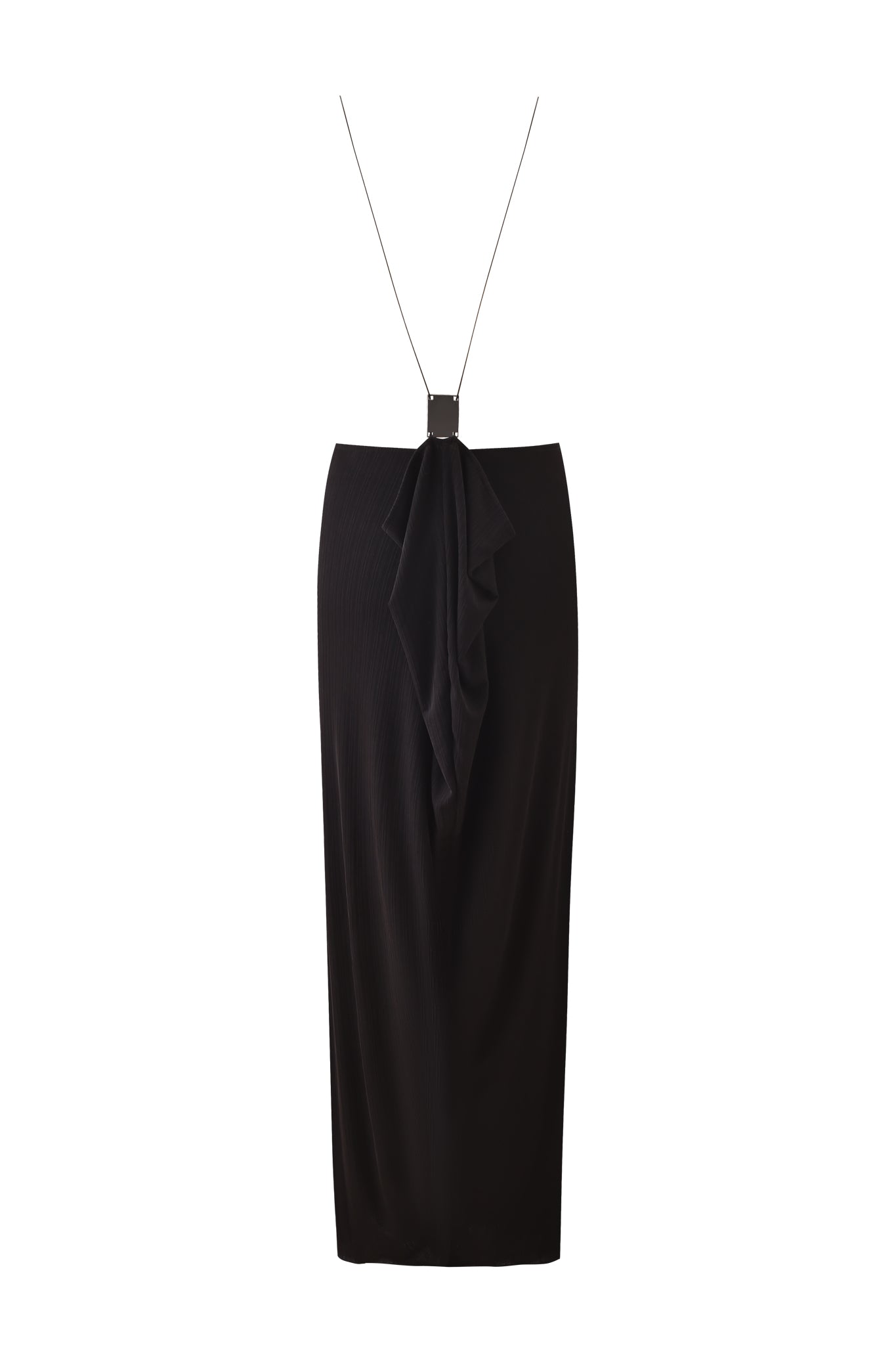 The SIMONE MAXI DRESS - BLACK by I.AM.GIA is an ankle-length black maxi dress with a central draped ruffle, thin halter strap, and rectangular waist accent, shown on a white background.