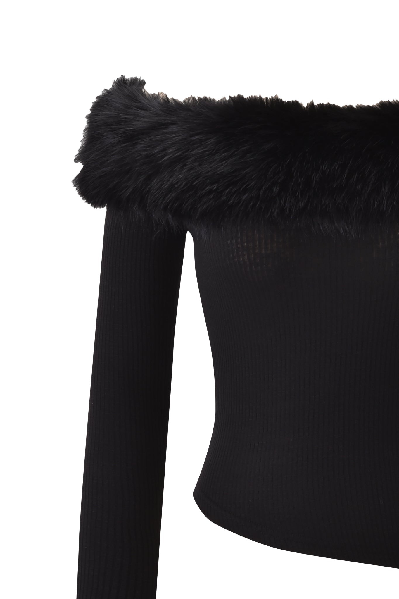 A close-up of the I.AM.GIA CECILY TOP - BLACK, an off-shoulder ribbed long sleeve top with faux fur trim along the neckline, shown against a white background.