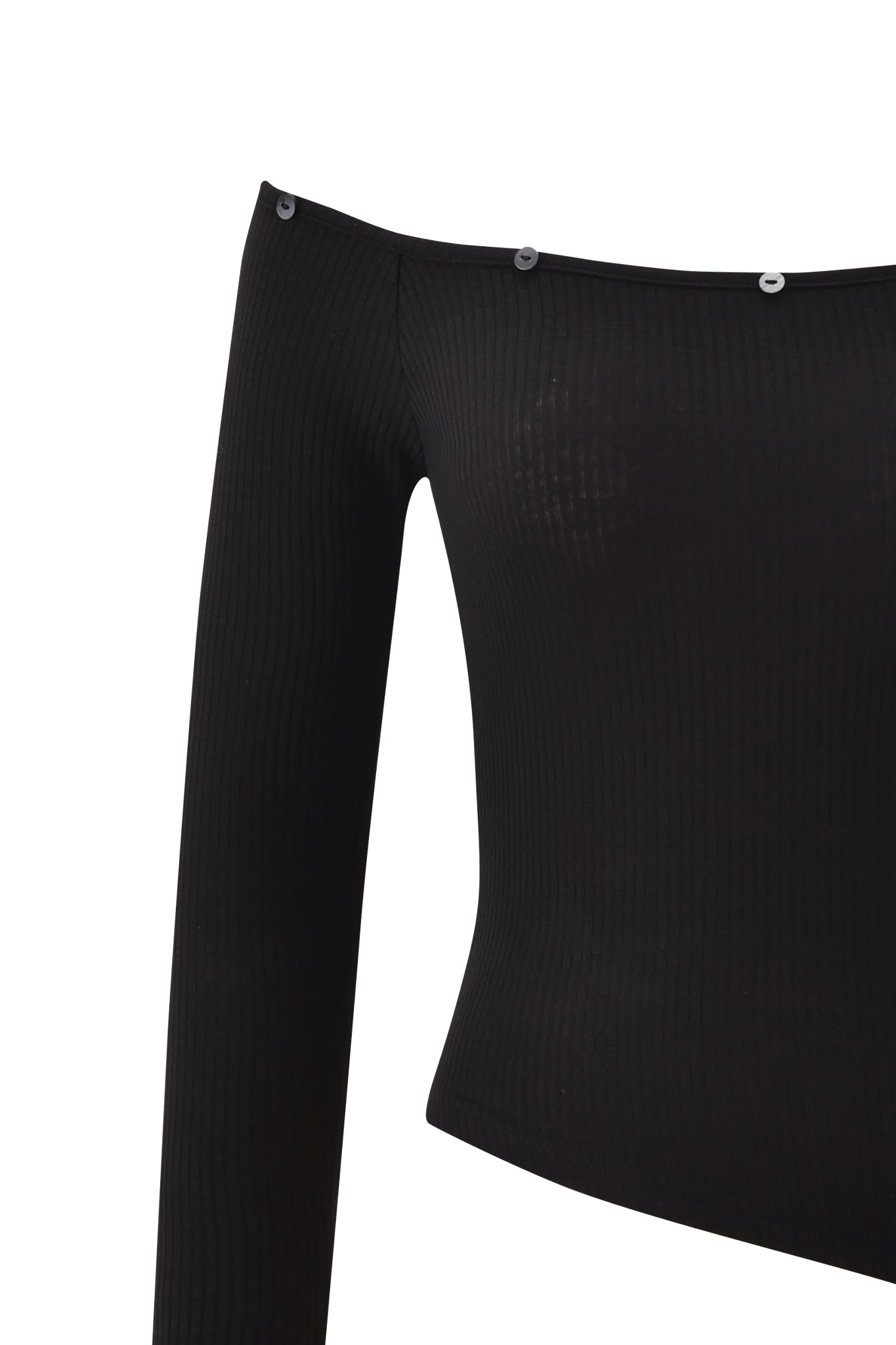 The CECILY TOP - BLACK by I.AM.GIA is an off-shoulder black top featuring long ribbed sleeves, three round buttons on the neckline, and a removable faux fur collar. Shown on a white background.
