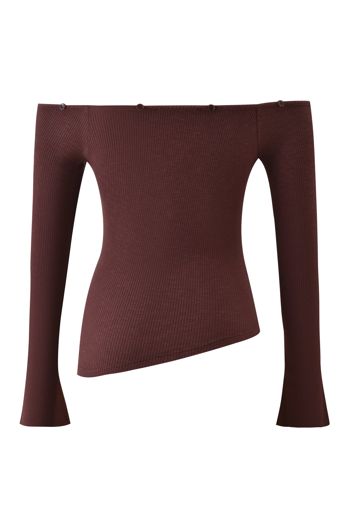The CECILY TOP by I.AM.GIA is a brown, ribbed long sleeve with an off-the-shoulder design, asymmetrical hemline, and chic textured finish.