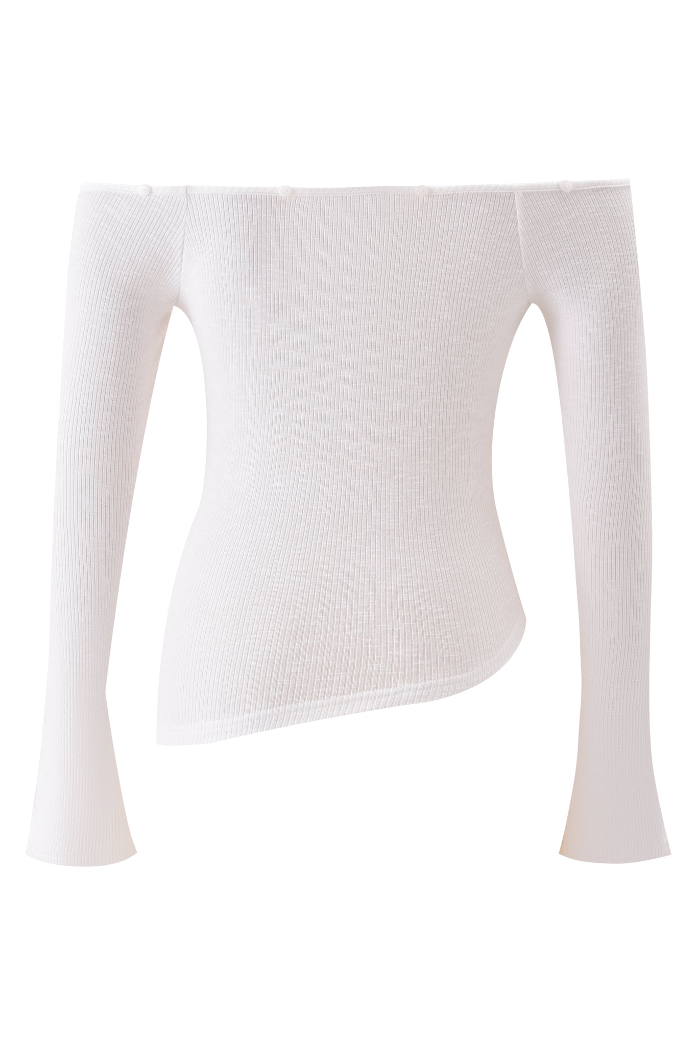 The CECILY TOP - CREAM by I.AM.GIA is a cream off-the-shoulder ribbed long sleeve top with an asymmetrical hem, shown against a plain white background.