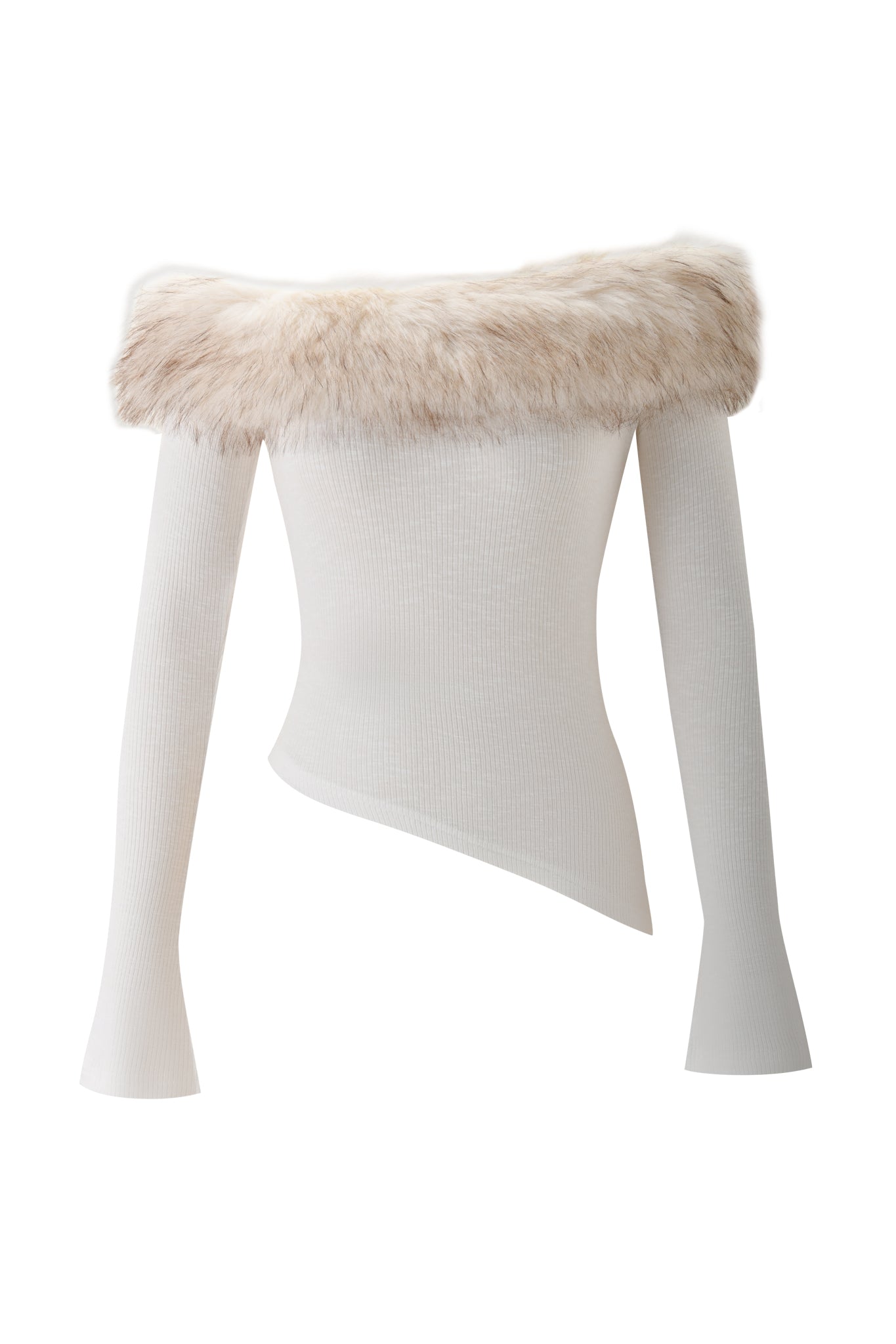 The CECILY TOP - CREAM by I.AM.GIA features ribbed long sleeves, an asymmetrical hemline, and a wide faux fur collar in a chic off-shoulder cream design.