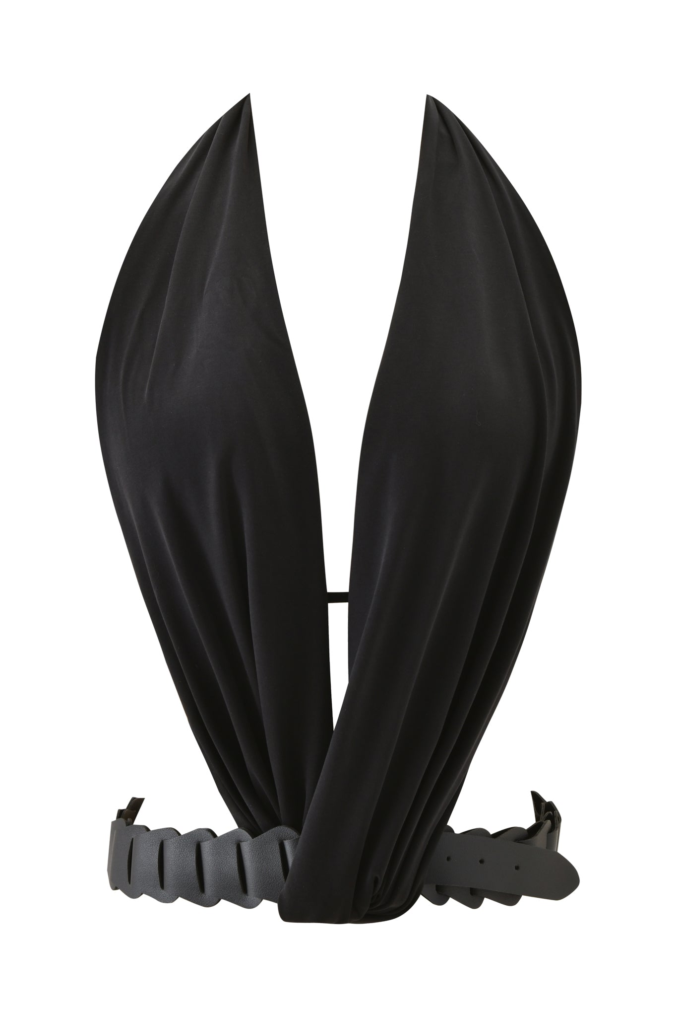 The SALDANA TOP - BLACK by I.AM.GIA is a plunging halter top with adjustable straps, a deep neckline, and a wide faux leather waist band. Draped, gathered fabric adds dramatic flair to this statement piece.