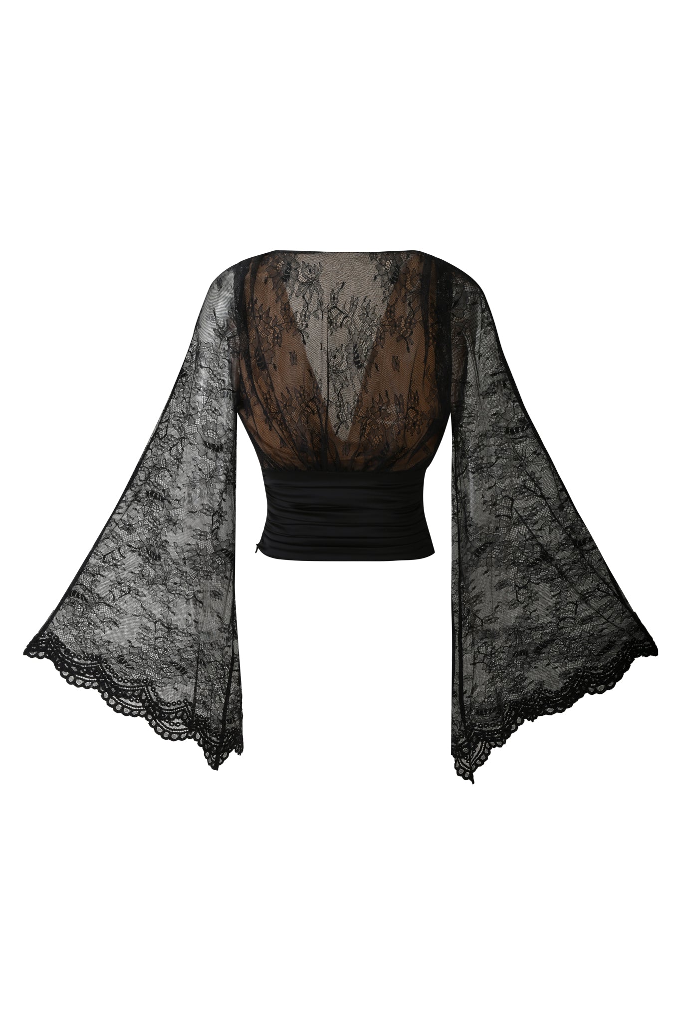 The STEVIE TOP - BLACK by I.AM.GIA is a sheer lace blouse featuring wide bell sleeves, a deep V neckline, a fitted waist, and intricate lace detailing throughout.