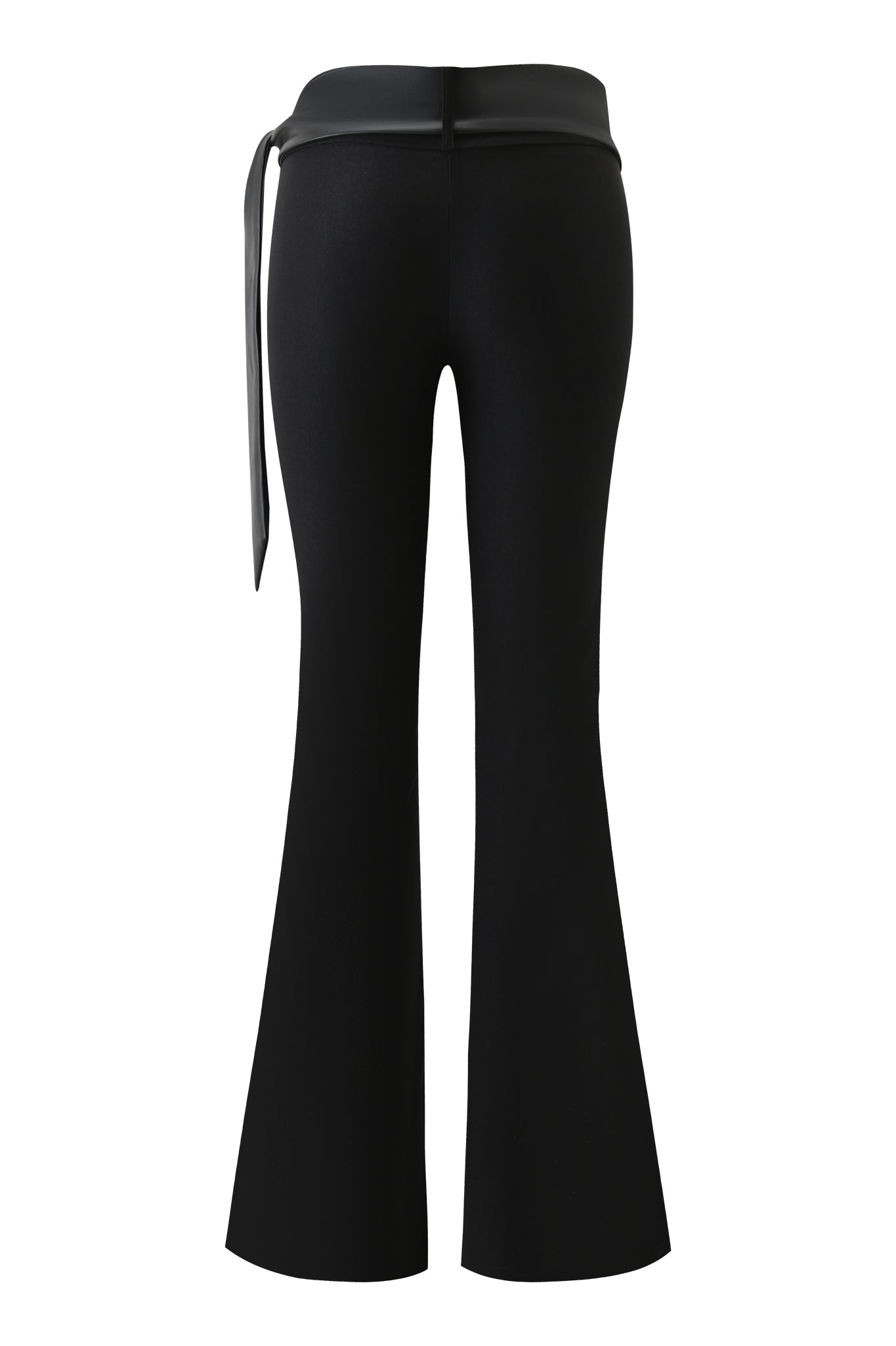 Back view of I.AM.GIA FELIZ PANT - BLACK, featuring a wide waistband, faux leather belt sash on one side, and smooth fabric that hugs the hips and thighs before flaring at the hem.
