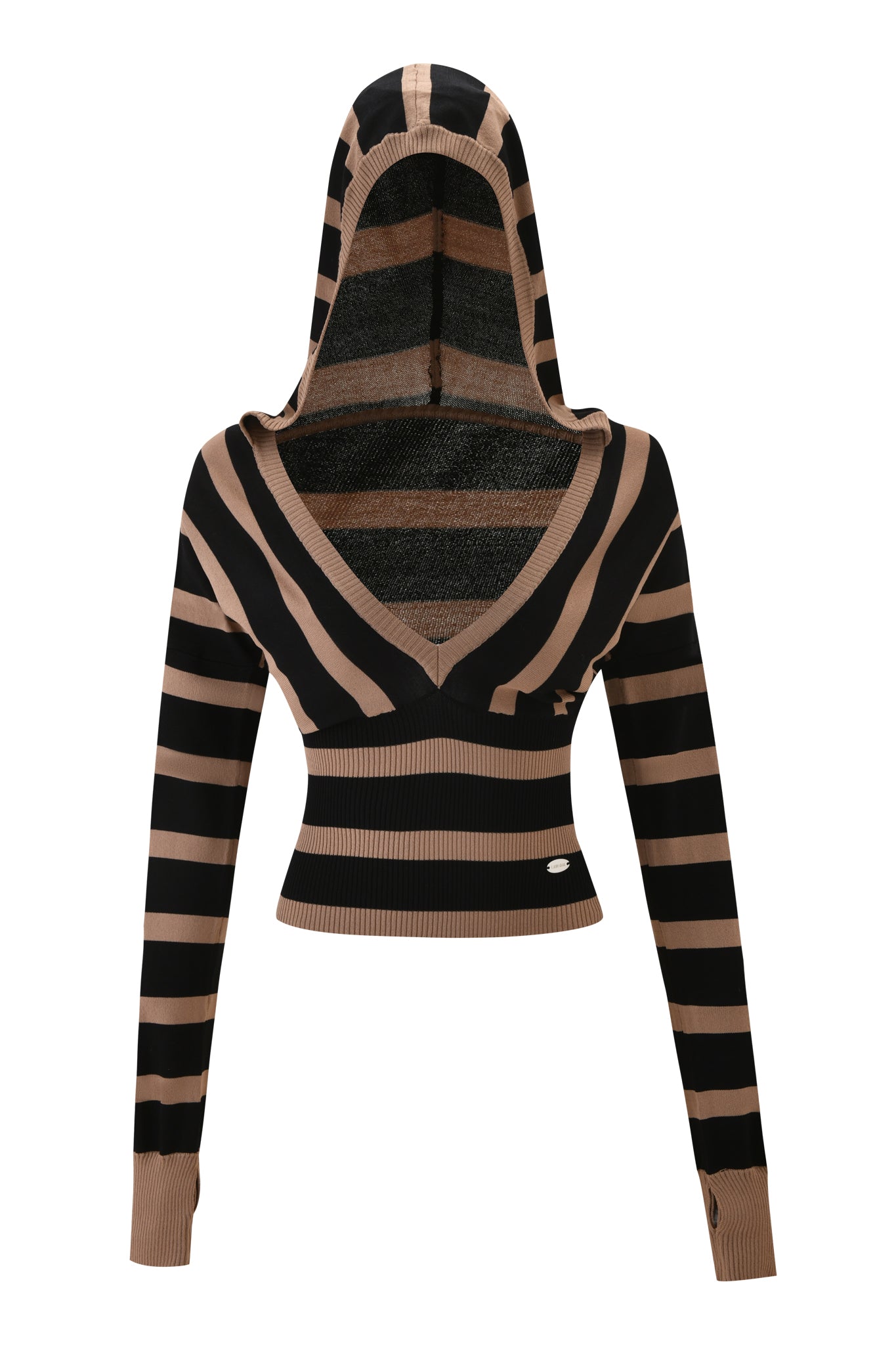 The SUZI SWEATER - BLACK AND TAN STRIPE by I.AM.GIA is a cropped hooded sweater with long sleeves, black and tan stripes, a deep V-neckline, and an oversized hood.