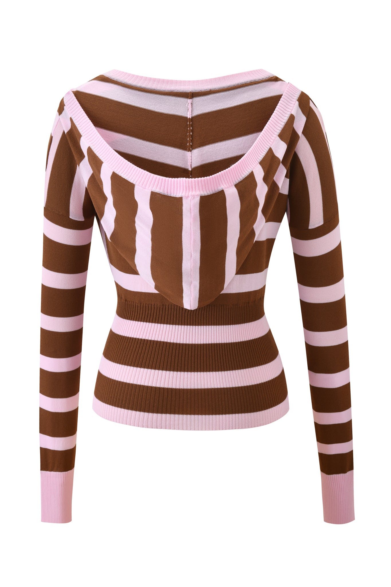 The SUZI SWEATER - PINK AND CHOCOLATE STRIPE by I.AM.GIA is a long-sleeve, bodycon knit top with wide stripes, a scooped neckline, and ribbed cuffs and hem, shown on a plain white background.