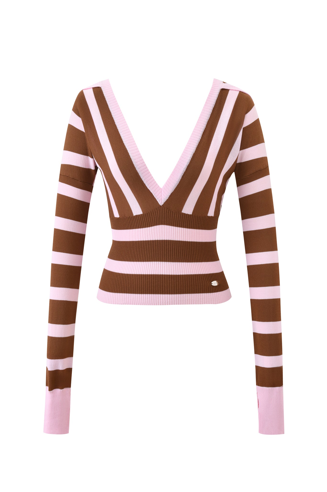 The I.AM.GIA SUZI SWEATER - PINK AND CHOCOLATE STRIPE is a fitted, cropped, long-sleeved V-neck ribbed knit featuring wide pink and chocolate stripes on the body and sleeves in soft fabrication.