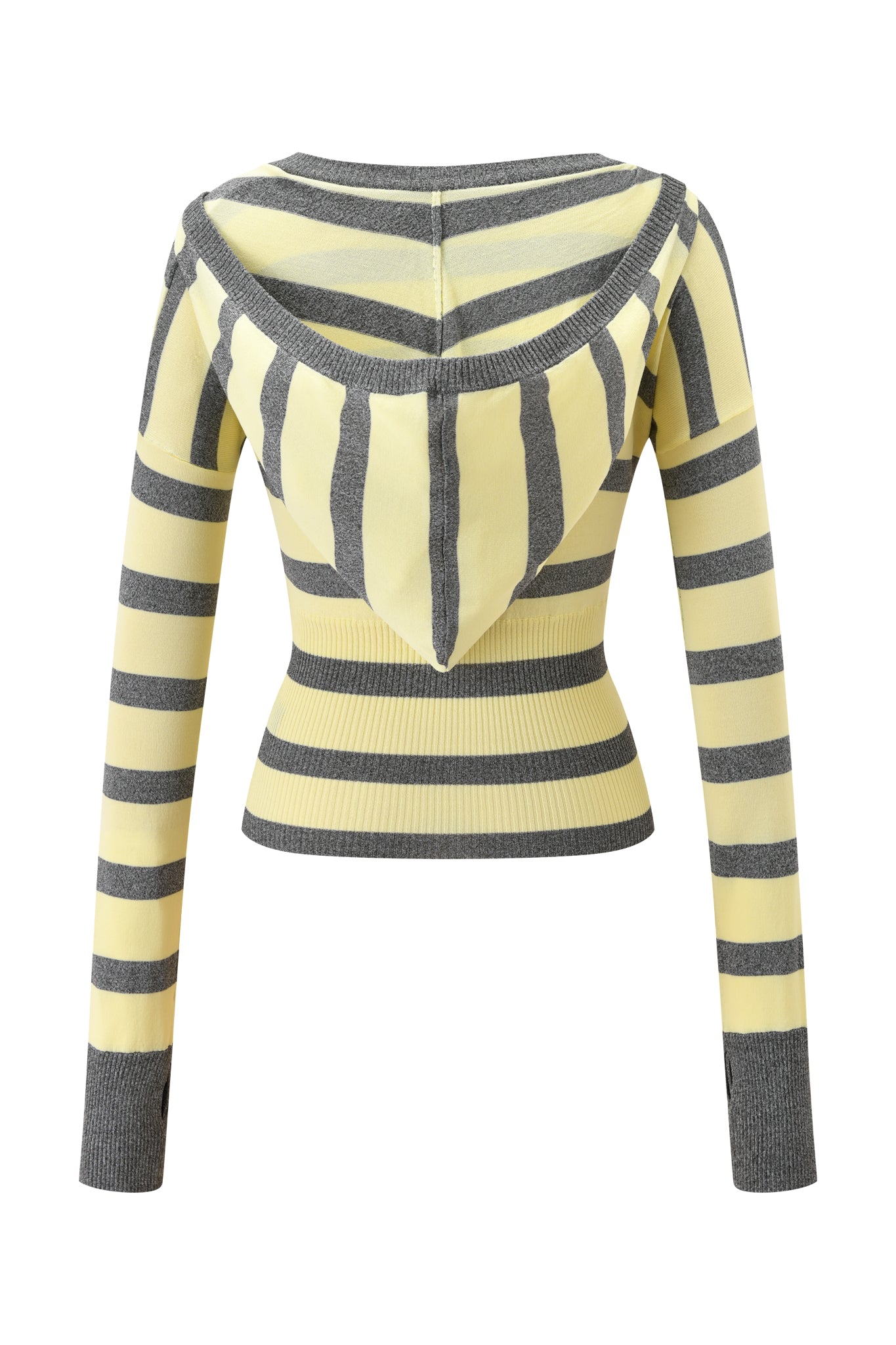 The I.AM.GIA SUZI SWEATER - YELLOW AND GREY STRIPE is a fitted knit hoodie with horizontal stripes, a pointed hood, and gray ribbed cuffs and waistband, shown from the back.
