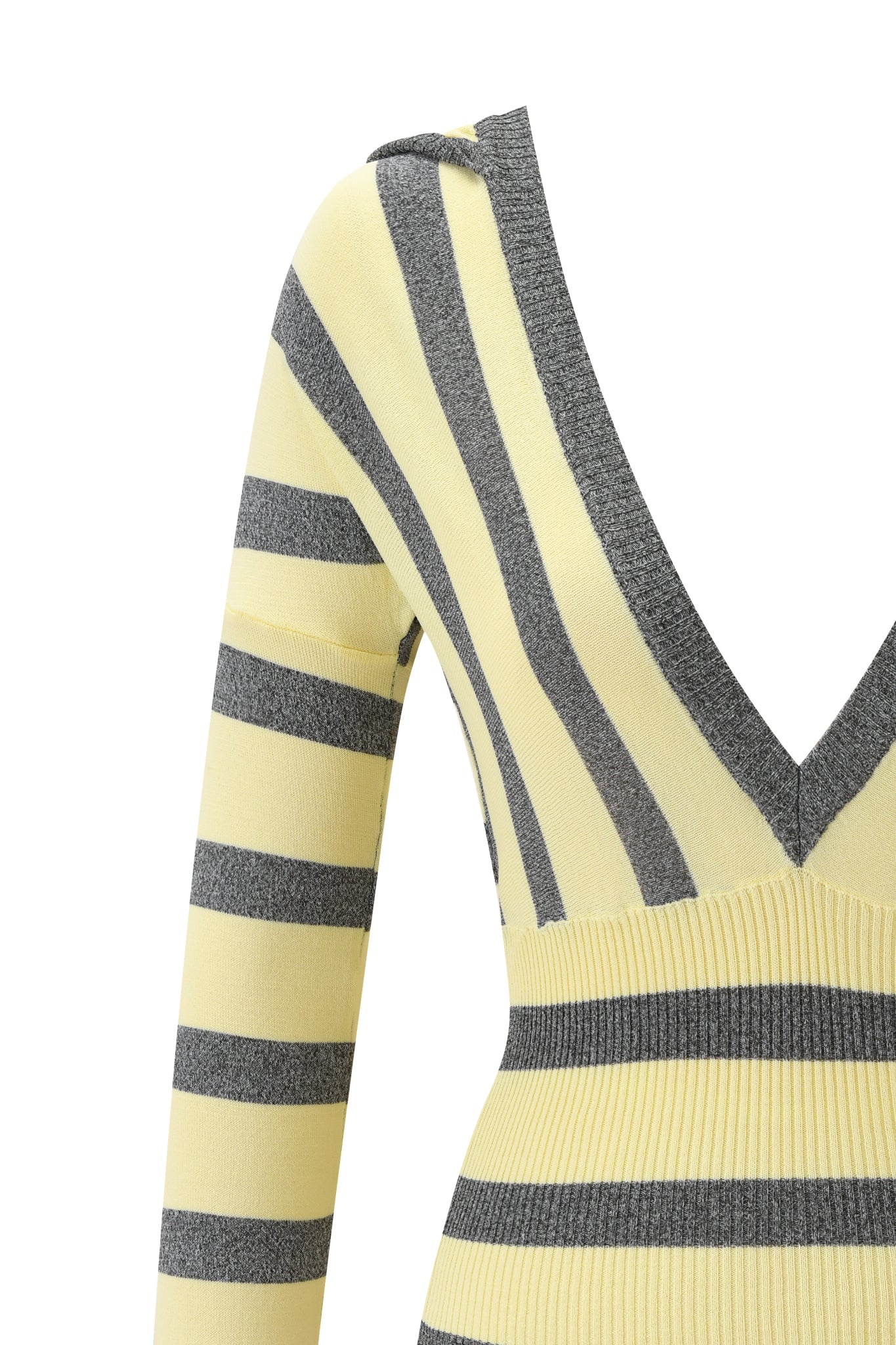 A close-up of the SUZI SWEATER - YELLOW AND GREY STRIPE by I.AM.GIA highlights its knit fabric, yellow and grey stripes, deep V-neckline, and fitted ribbed waistband.