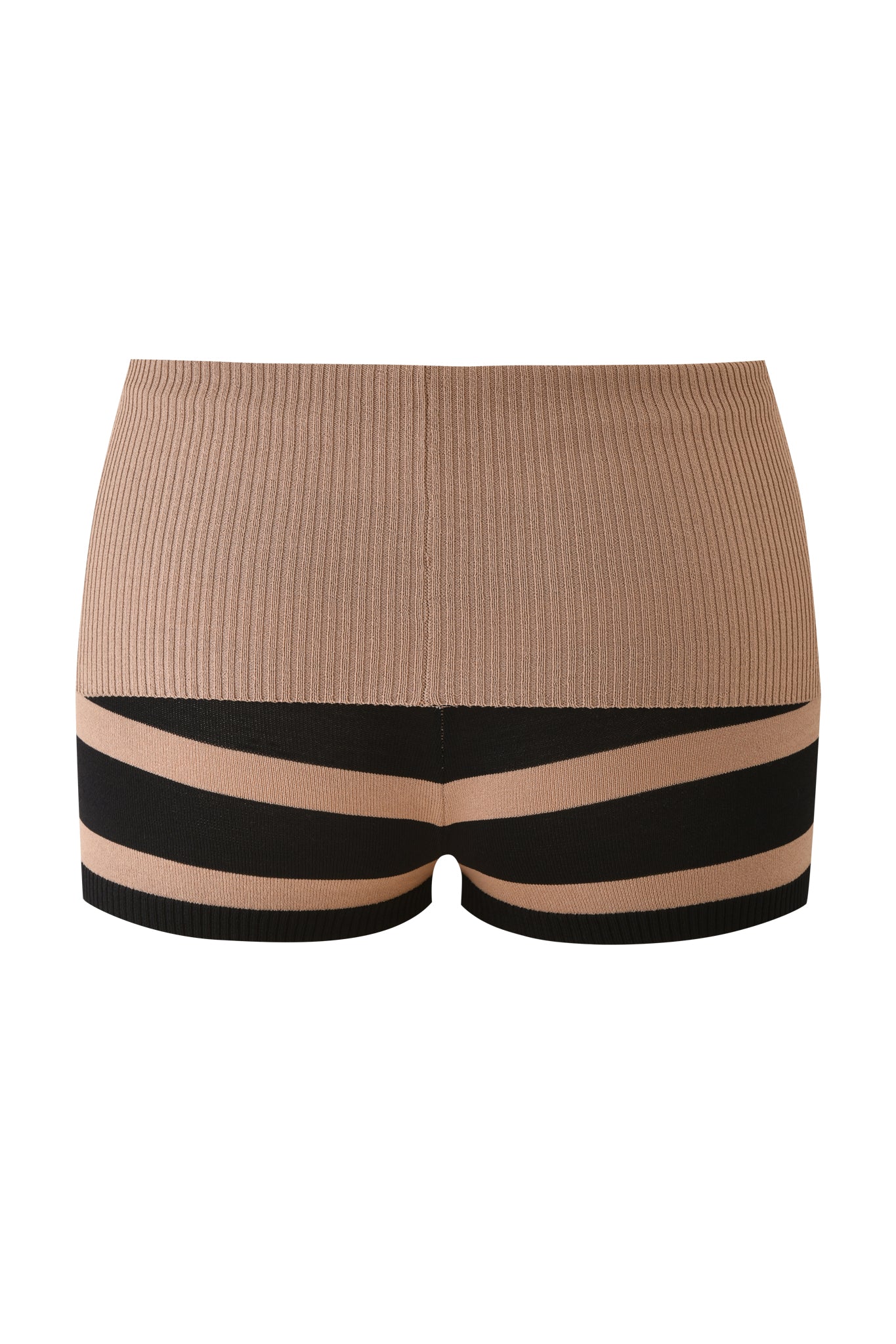 The SUZI SHORT by I.AM.GIA is a high-waisted, ribbed knit black and tan micro mini short with diagonal stripes on the lower half, shown from the back against a white background.