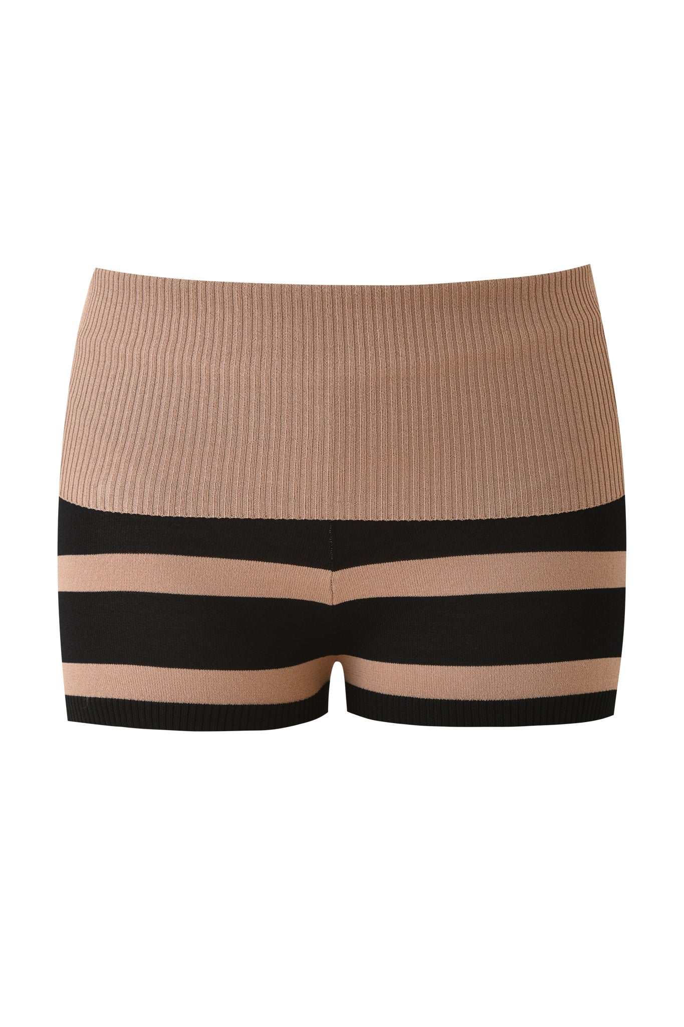 The SUZI SHORT by I.AM.GIA features a high-waisted, fitted silhouette in black and tan stripes with a ribbed adjustable waistband and bold horizontal accents near the micro mini hem.