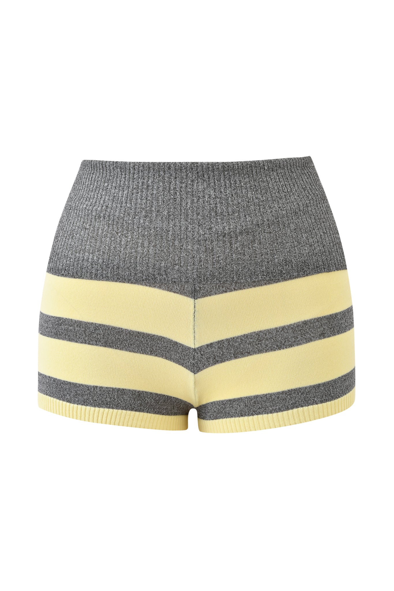 The I.AM.GIA SUZI SHORT - YELLOW AND GREY STRIPE features a high-waisted, fitted design with a ribbed adjustable waistband, alternating yellow and gray stripes, and a chevron detail at the center front.