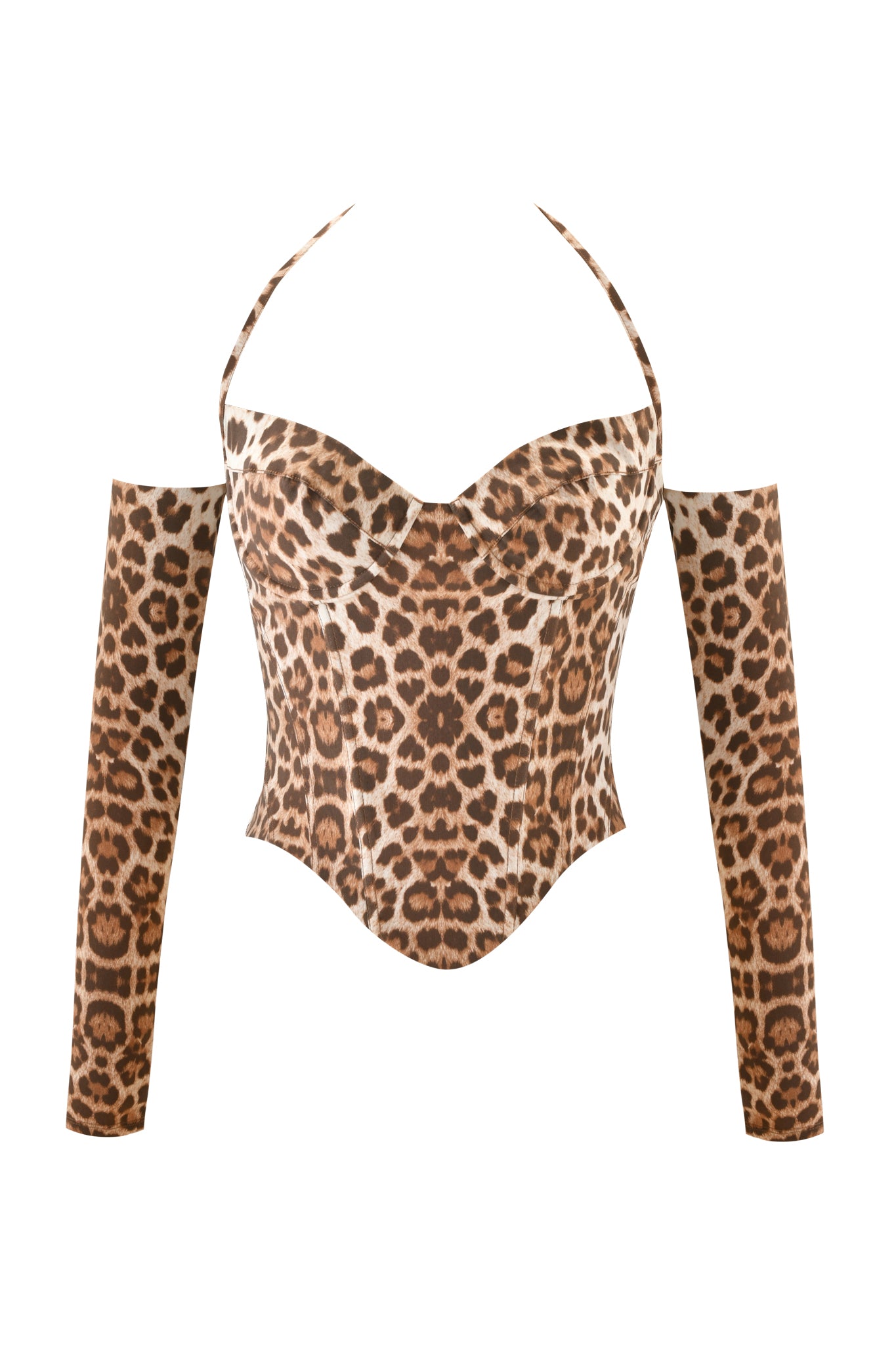 The VITA TOP - WILD ABOUT YOU by I.AM.GIA features a brown and black leopard print, underwire bust cups, sweetheart neckline, halter neck strap, and detached long sleeves.