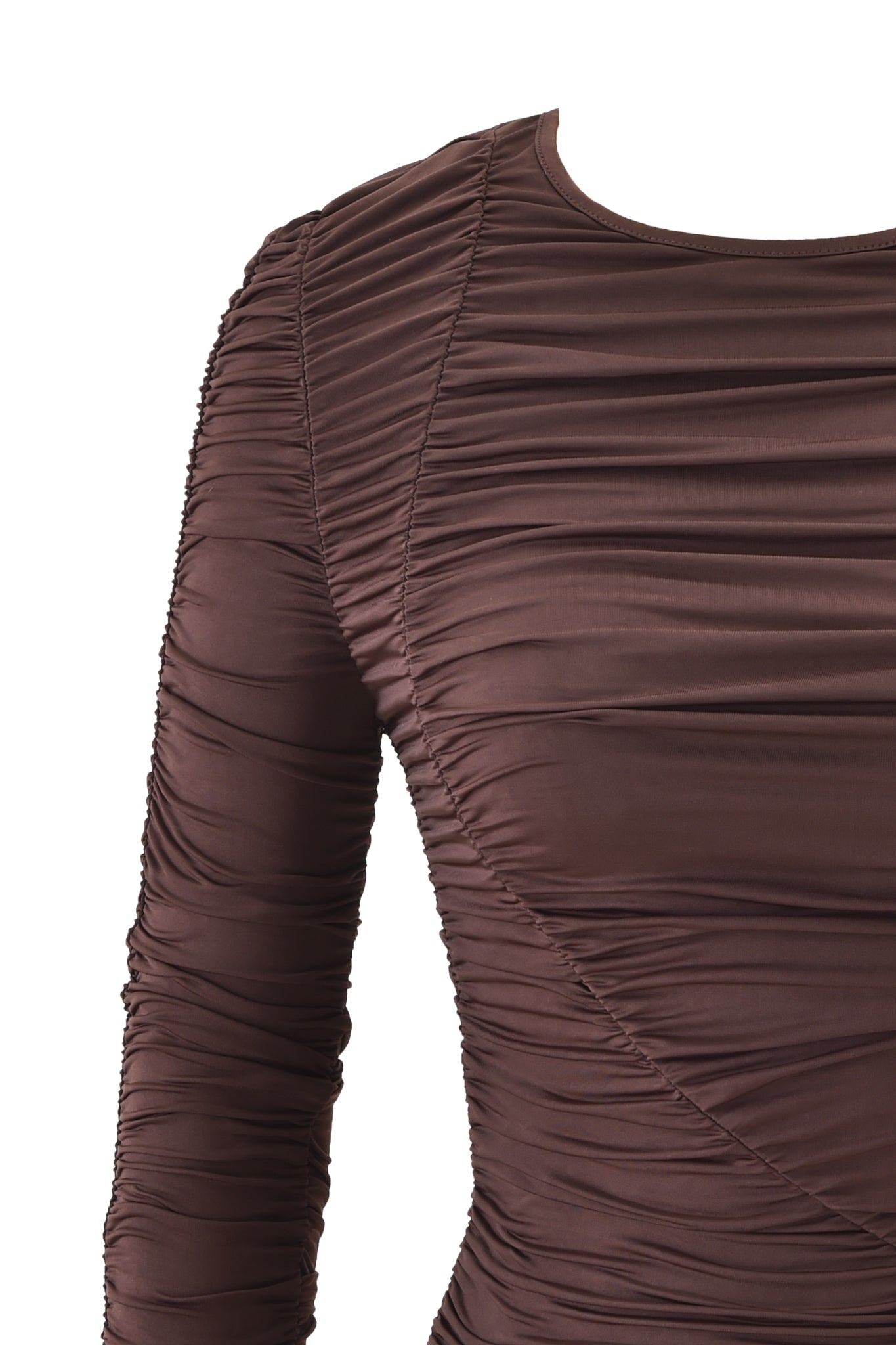 Close-up of the I.AM.GIA CERISE TOP - CHOCOLATE, a brown slinky jersey top with ruched long sleeves, gathered fabric details, and a round neckline, shown on a white background.