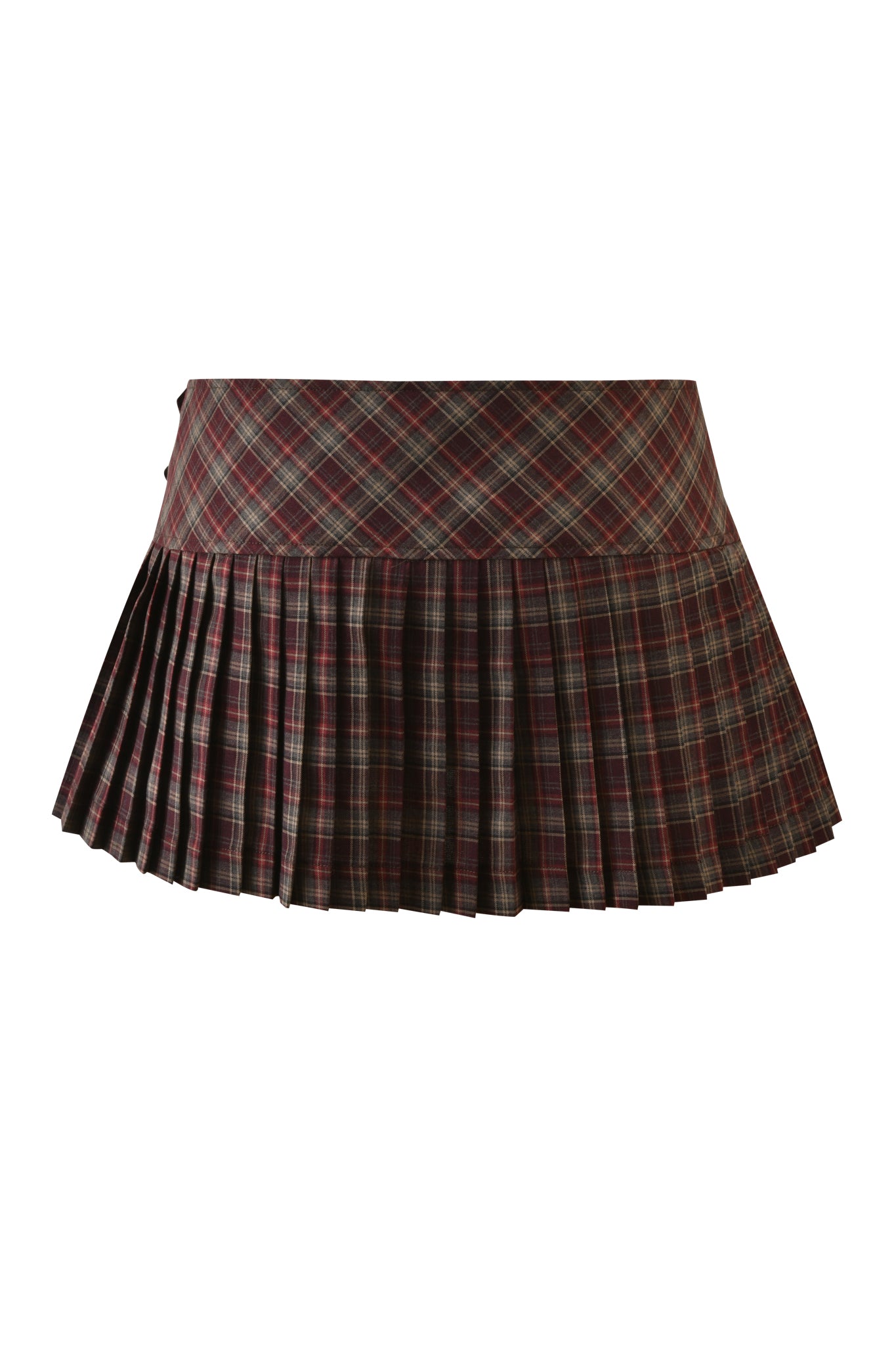 The I.AM.GIA ROUX MINI SKORT - BURGUNDY PLAID is a short, pleated skort with a burgundy plaid pattern, shown against a white background.