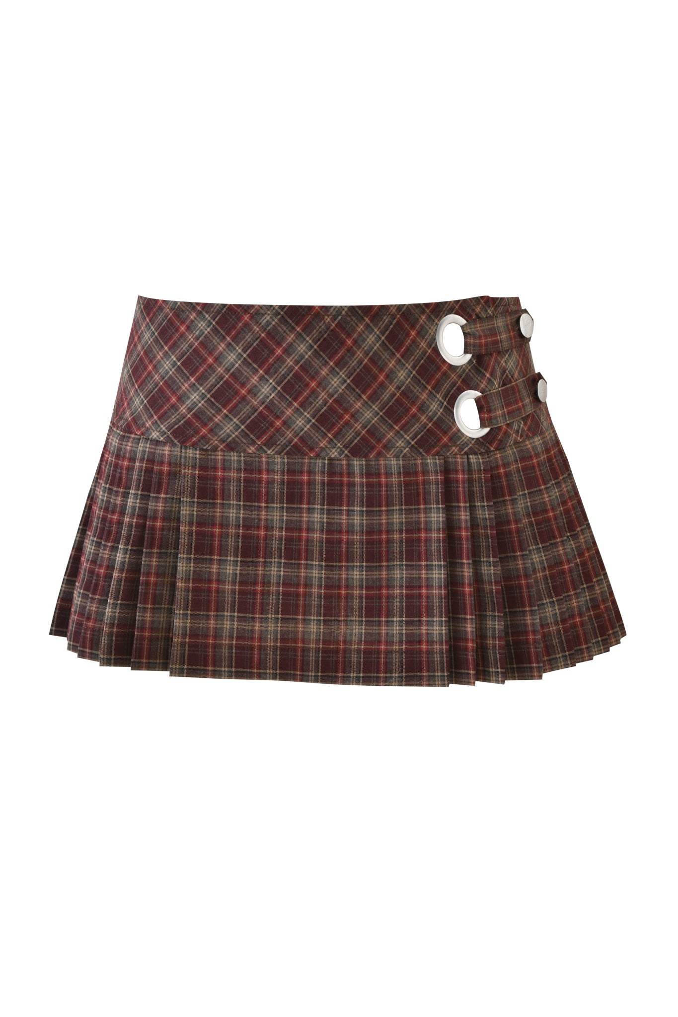 The ROUX MINI SKORT by I.AM.GIA features a burgundy plaid design, short pleated silhouette, and two silver buckles near the waistband on the right side.