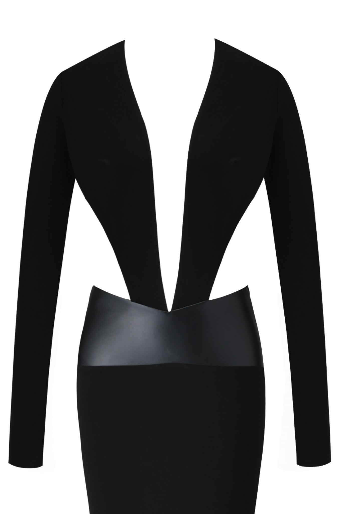 The I.AM.GIA CARMINA MAXI DRESS in black features long sleeves, a slinky maxi silhouette, deep V-neckline, and a wide shiny faux leather waistband, displayed on a mannequin against a white backdrop.