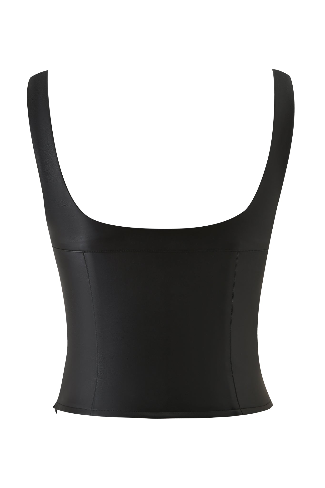 The I.AM.GIA RIVA TOP - BLACK is a black faux leather corset top with wide shoulder straps and a square neckline, showcasing a sculpted corset fit and displayed on a white background.