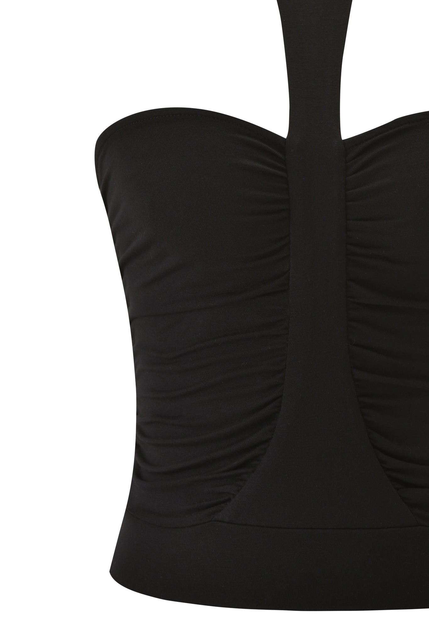 A close-up of the I.AM.GIA SENNA TOP - BLACK, a stretch boob tube with ruched detailing and wide halter neck strap, shown against a white background.