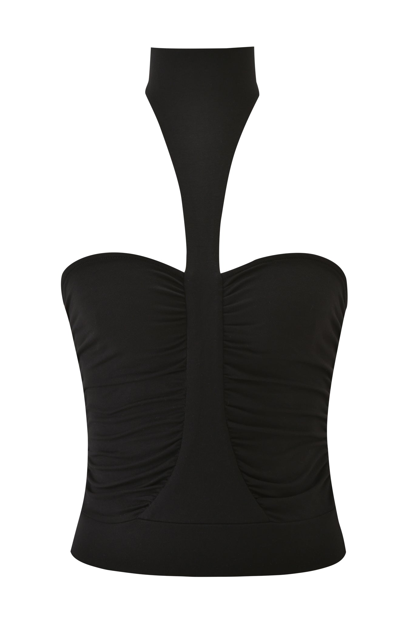 The SENNA TOP - BLACK by I.AM.GIA is a strapless stretch boob tube with a high neckline, wide choker-style band, and ruched front detailing for added texture.