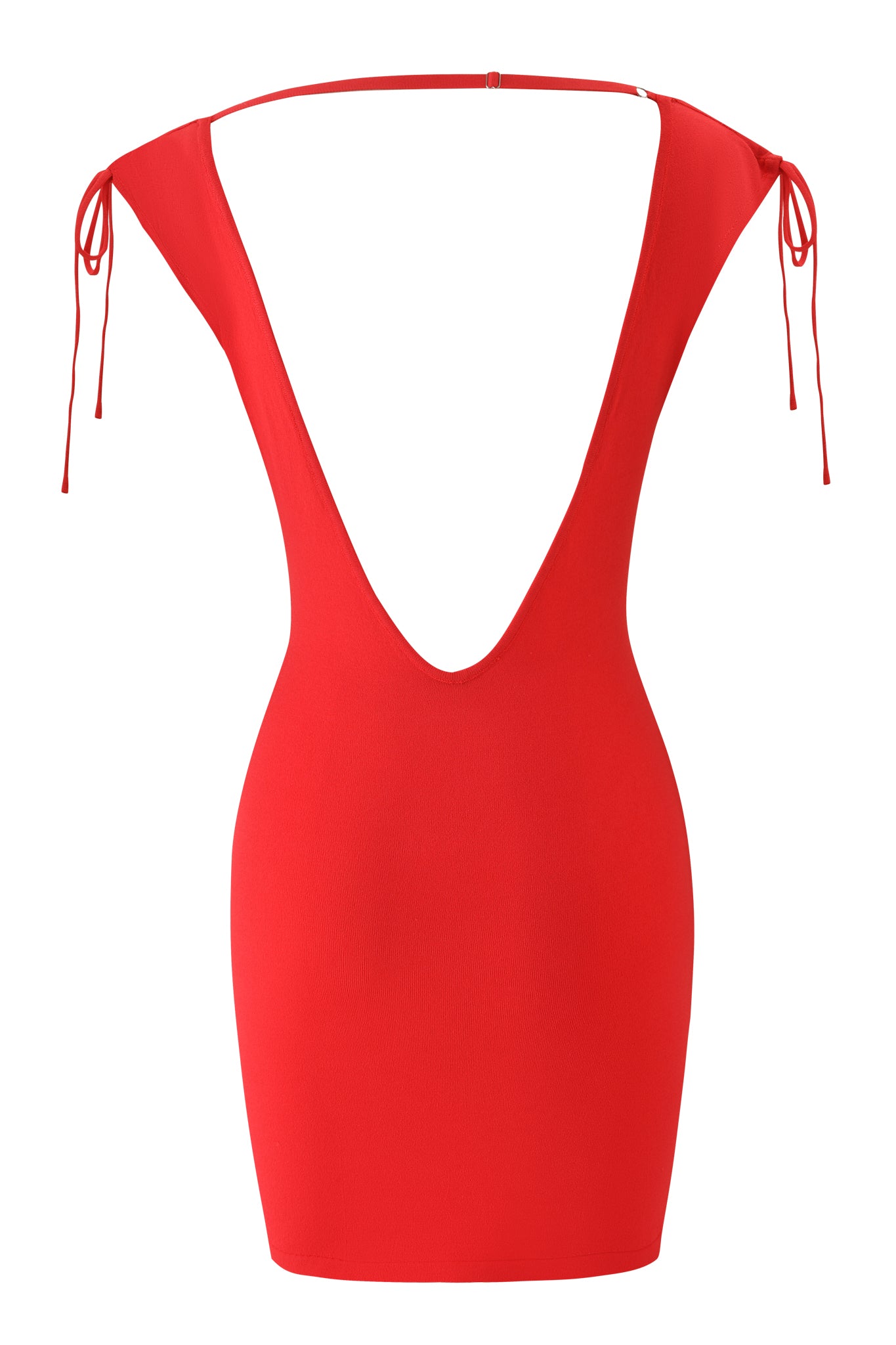 The SUGAR MINI DRESS - RED by I.AM.GIA is a sleeveless, form-fitting mini dress with a deep plunging back and thin shoulder straps that tie at the top.