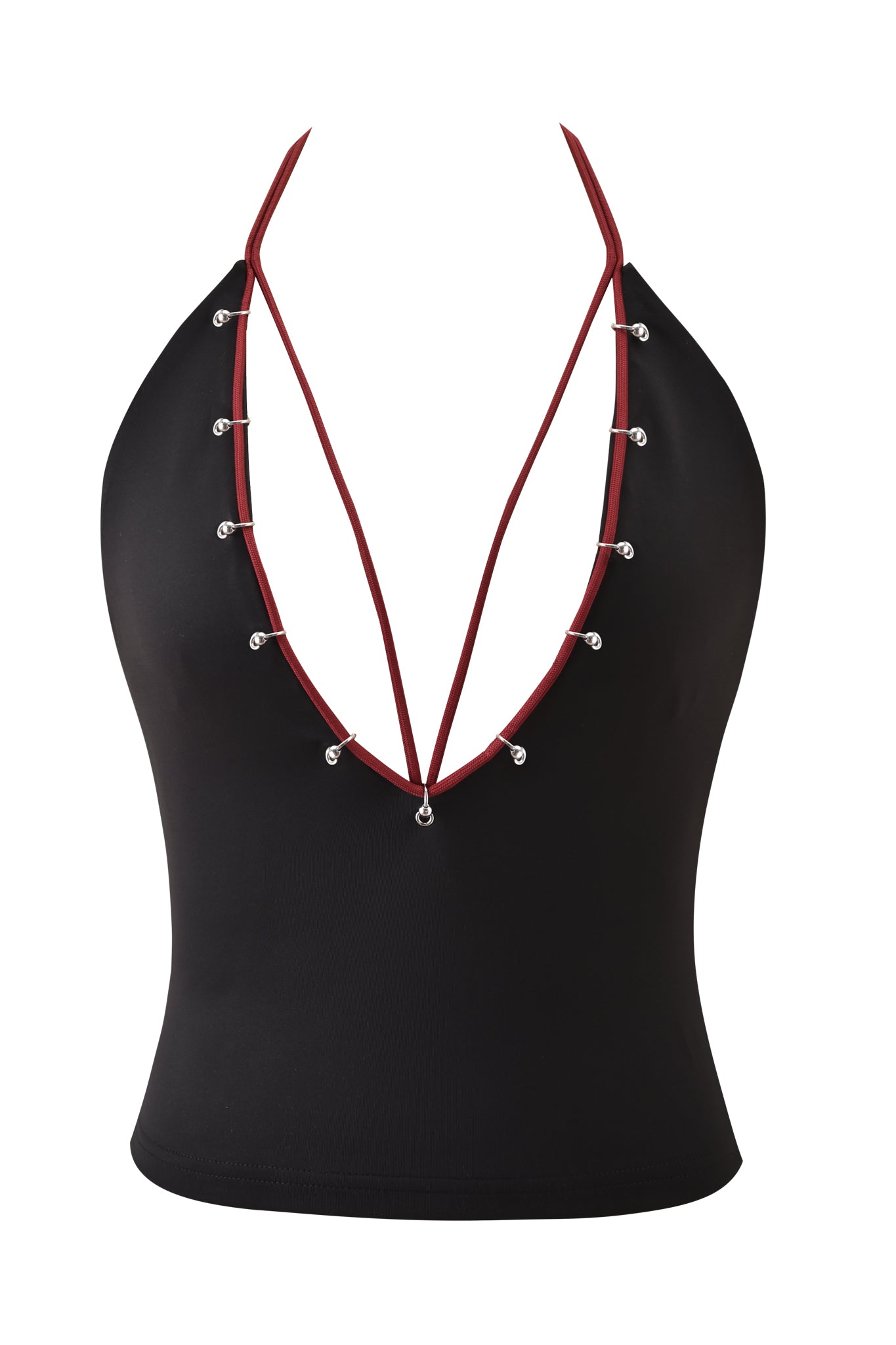The ONYX TOP - BLACK by I.AM.GIA is a sleeveless halter top with a plunging neckline, black body, and striking red straps linked by silver rings along the front.