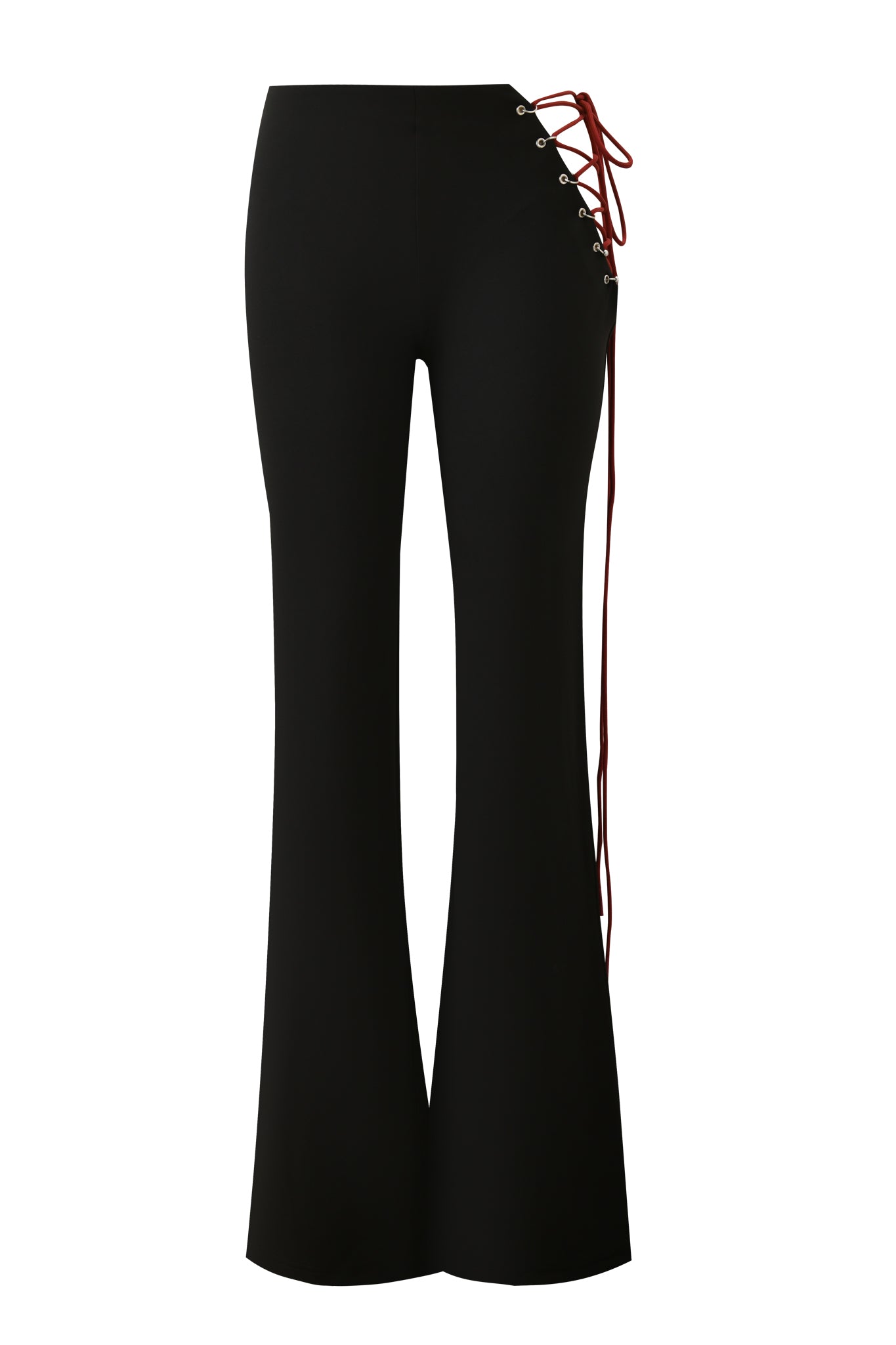 The ONYX PANT - BLACK by I.AM.GIA is a low-rise black eyelet pant, accented with a bold red belt.