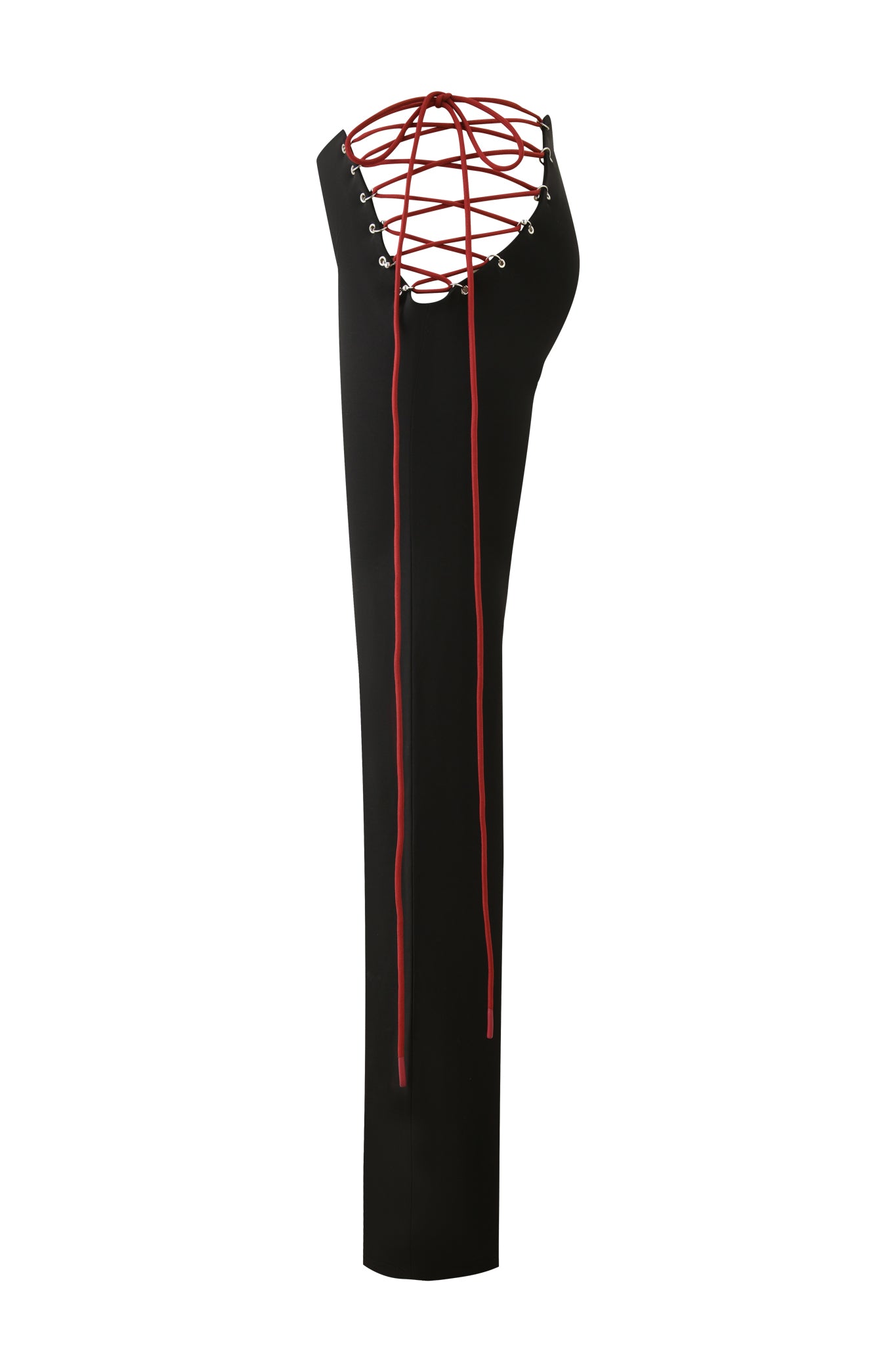 The ONYX PANT - BLACK by I.AM.GIA features a fitted silhouette in sueded jersey fabric, designed with a backless style and red lace-up straps crisscrossing over the open back and hanging down.