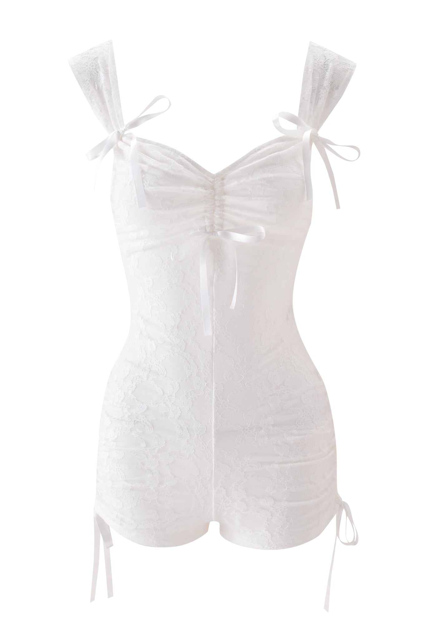 The SONNET PLAYSUIT - WHITE by I.AM.GIA features a fitted silhouette with a ruched front, adjustable shoulder straps with bows, lace-up sides, and elegant white lace for a chic, romantic style.