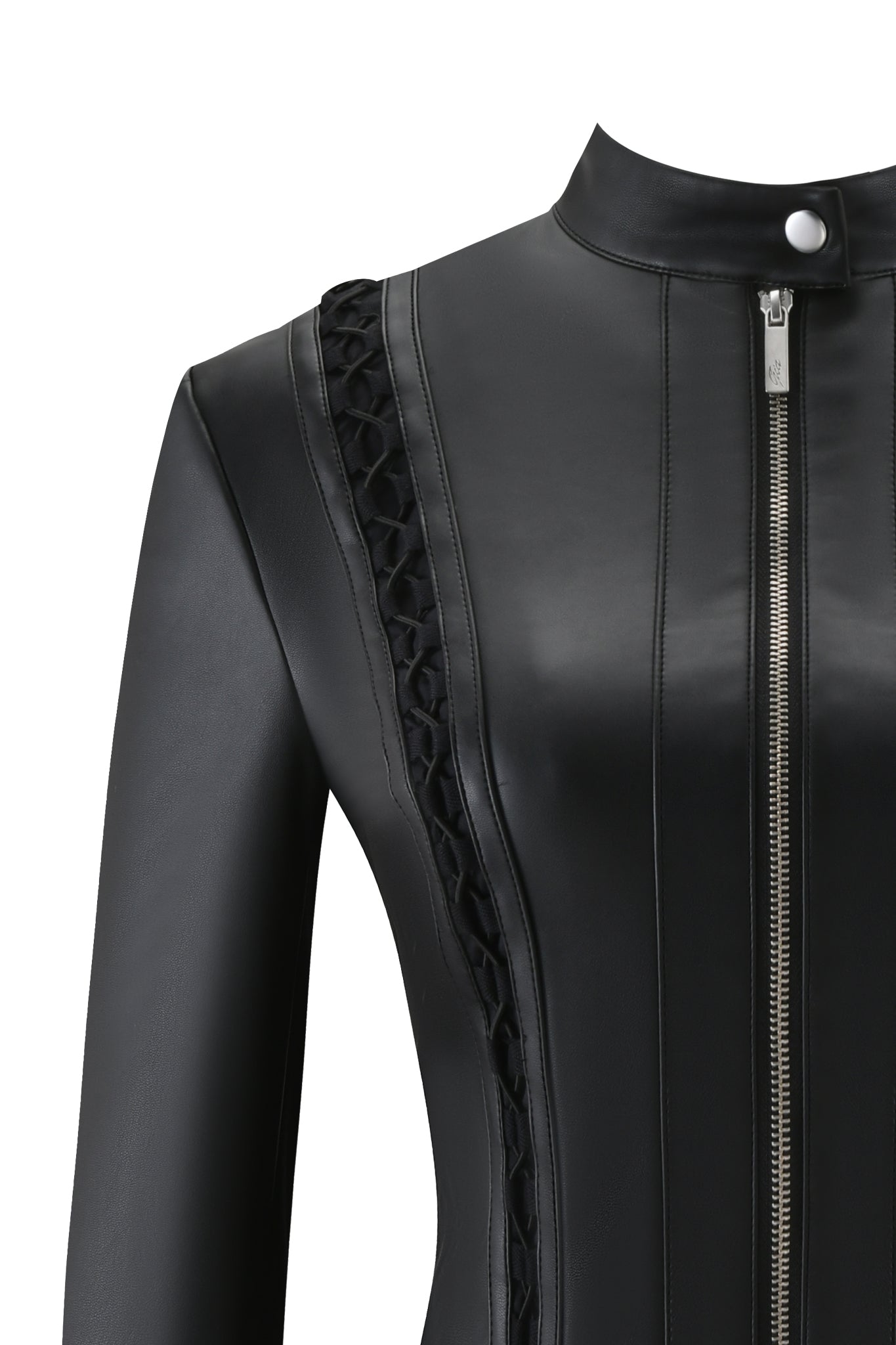 Close-up of the I.AM.GIA KENDRIX JACKET - BLACK, a PU moto jacket with a silver zipper, snap-button collar, and braided detailing on the front for an edgy leather-look style.