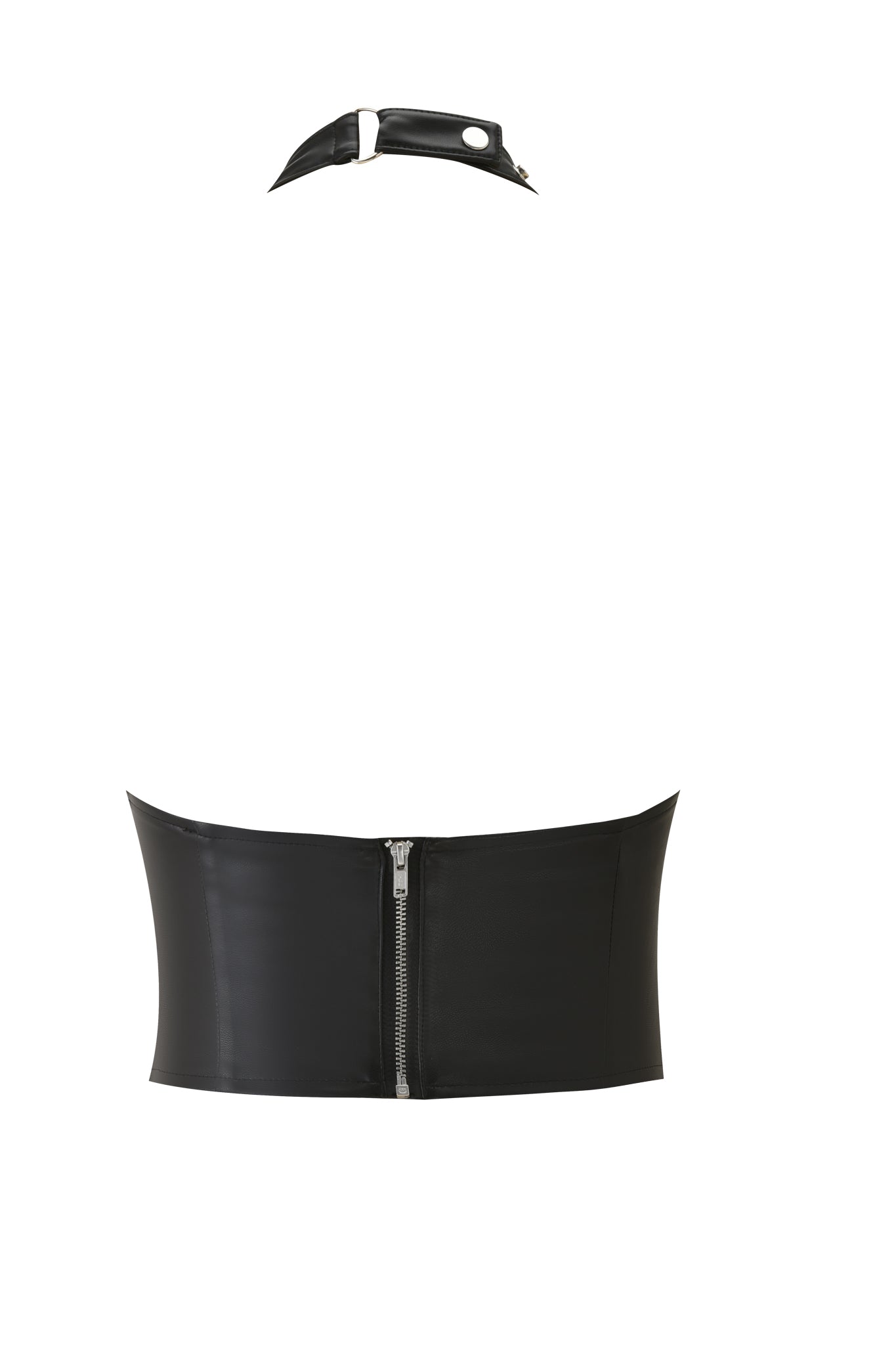 The ALTAIR TOP - BLACK by I.AM.GIA is a black faux leather strapless bodycon corset with a front zipper, paired with a matching black choker featuring a silver buckle and snap buttons, shown on a white background.