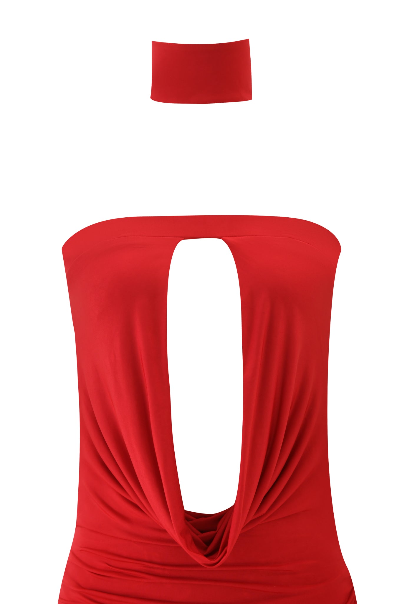 The COPINE MINI DRESS - DEEP RED by I.AM.GIA is a strapless mini featuring cut outs, a deep open-front plunge, and draped fabric, styled with a matching red choker, shown on a white background.