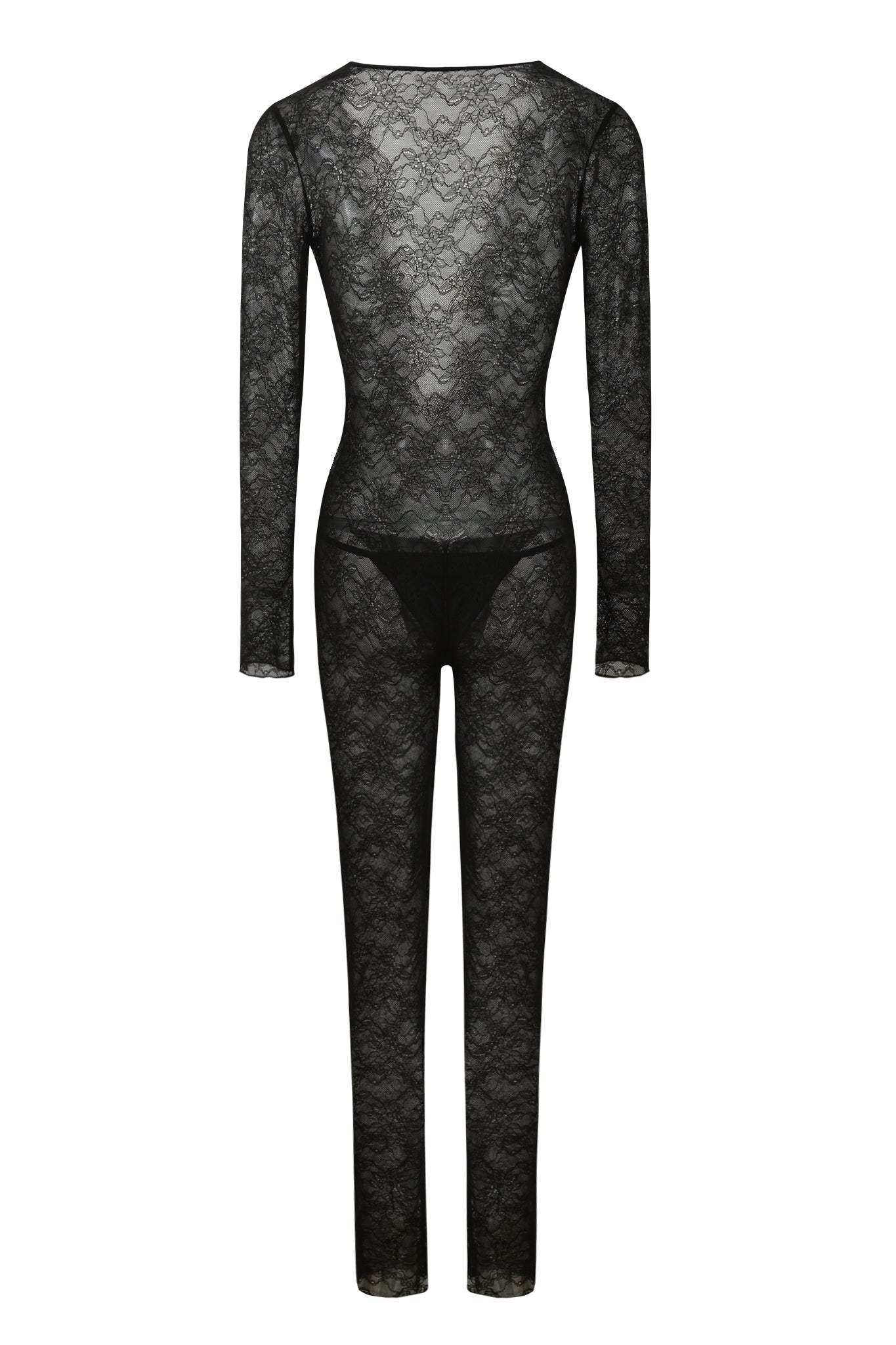 The TIGRA CATSUIT - BLACK by I.AM.GIA is a sheer, long-sleeve lace bodysuit with full-length legs, a bodycon fit, intricate lace patterns, solid black briefs underneath, and a semi-transparent back view.